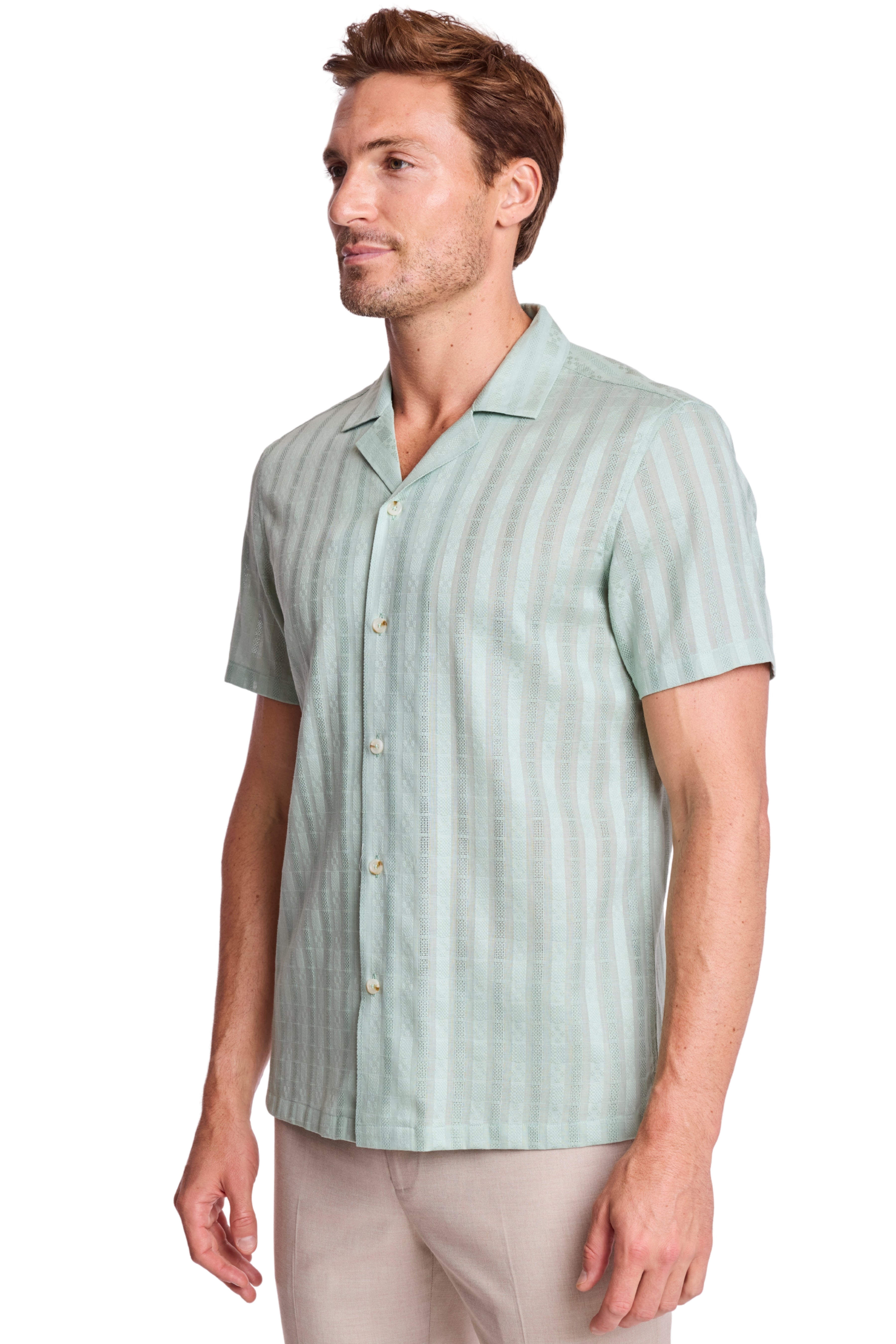 S/S Camp Collar Shirt - Mint Dobby Stripes