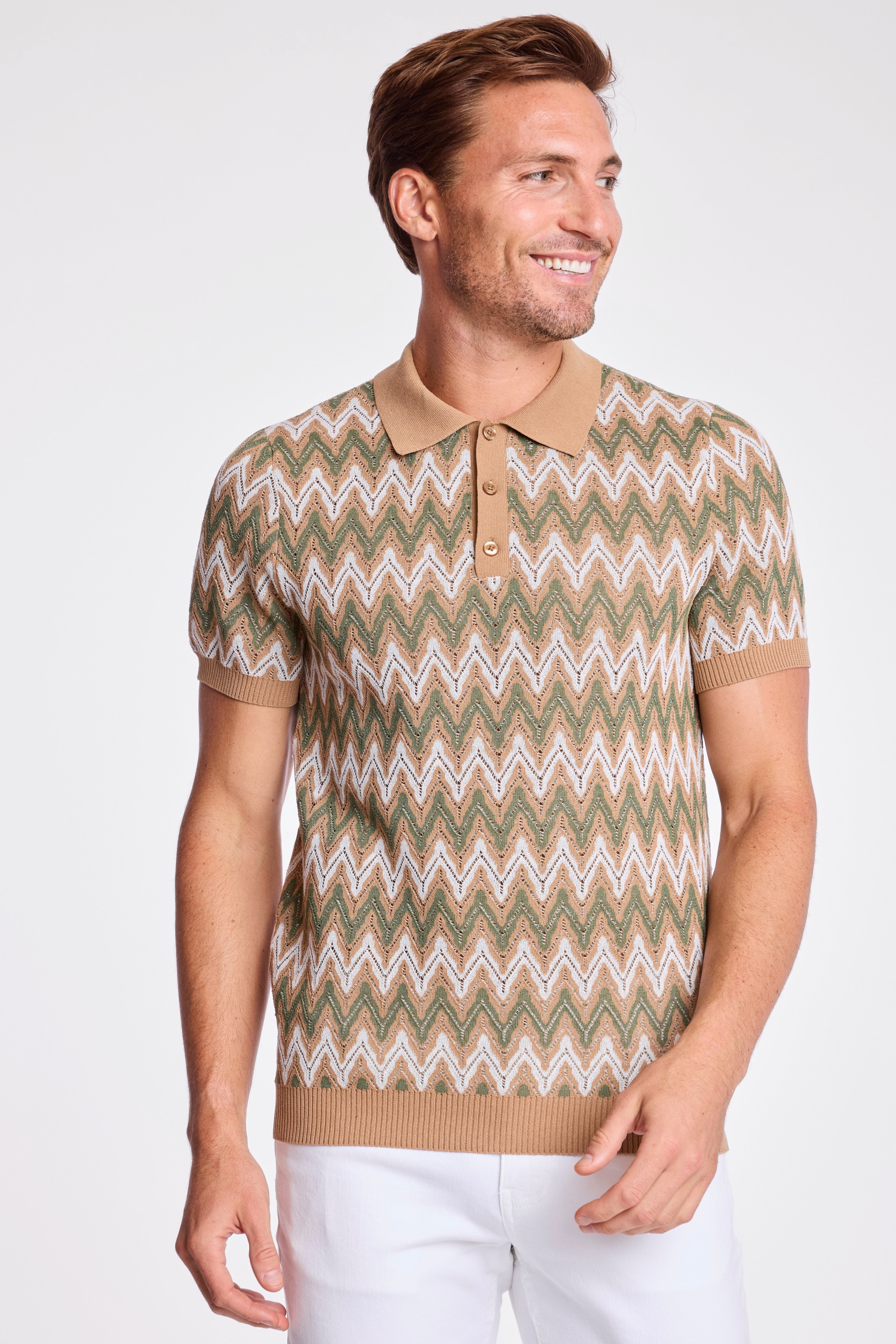 3 Button Polo - Tan Forest Zig Zag