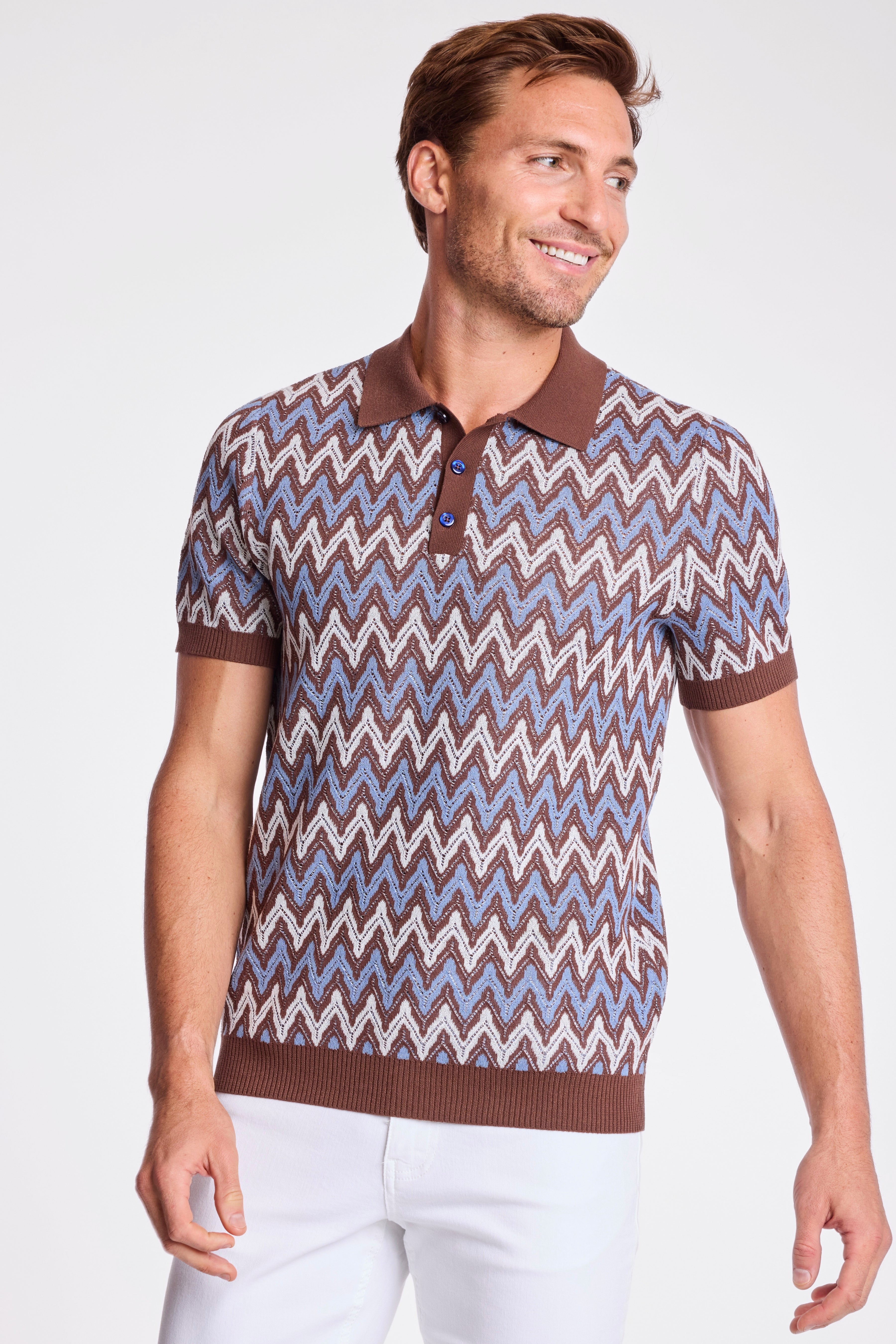 3 Button Polo - Blue Truffle Zig Zag