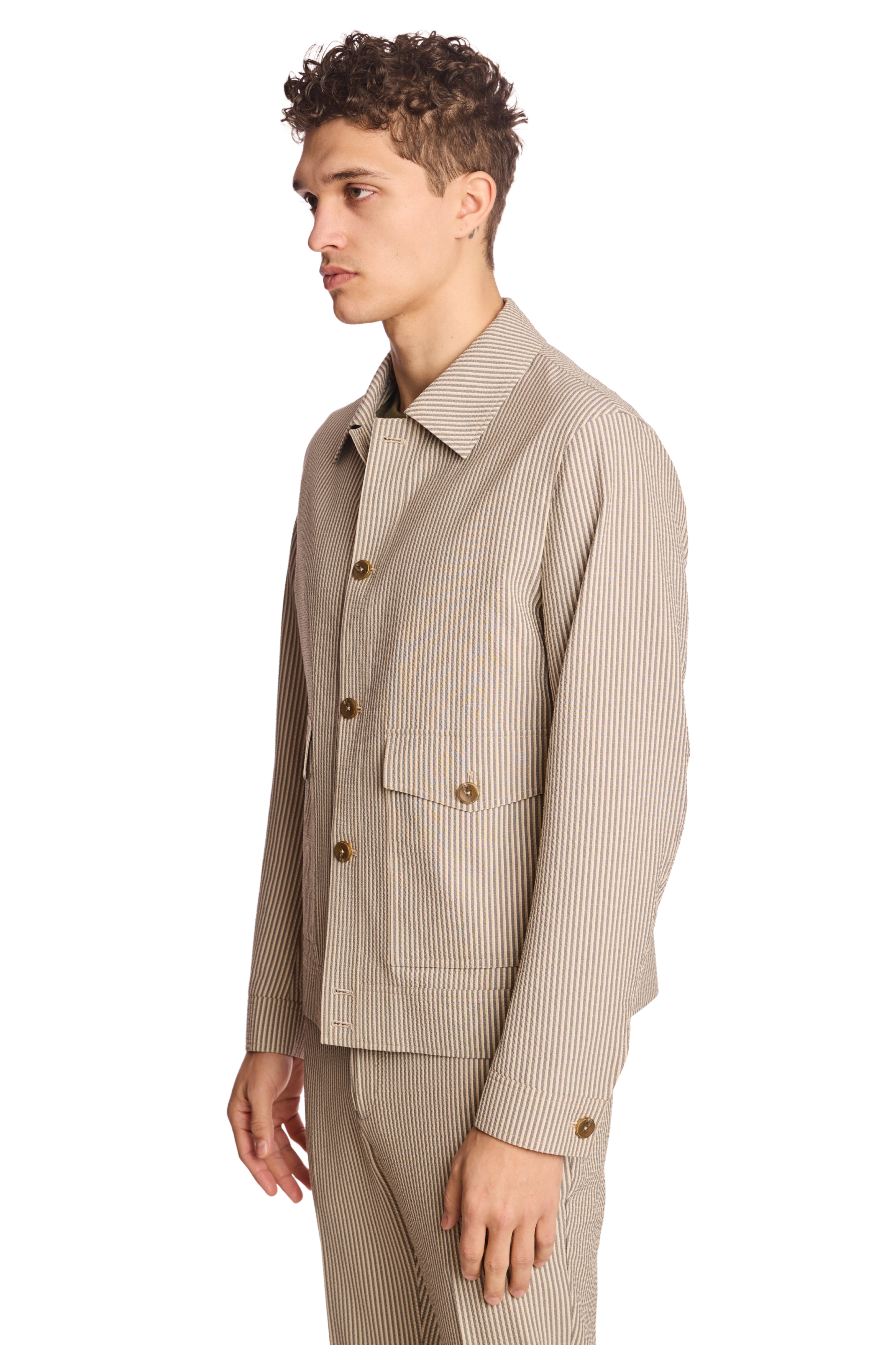 Milo Buttoned Bomber Jacket  - slim - Grey Tan Cream Seersucker