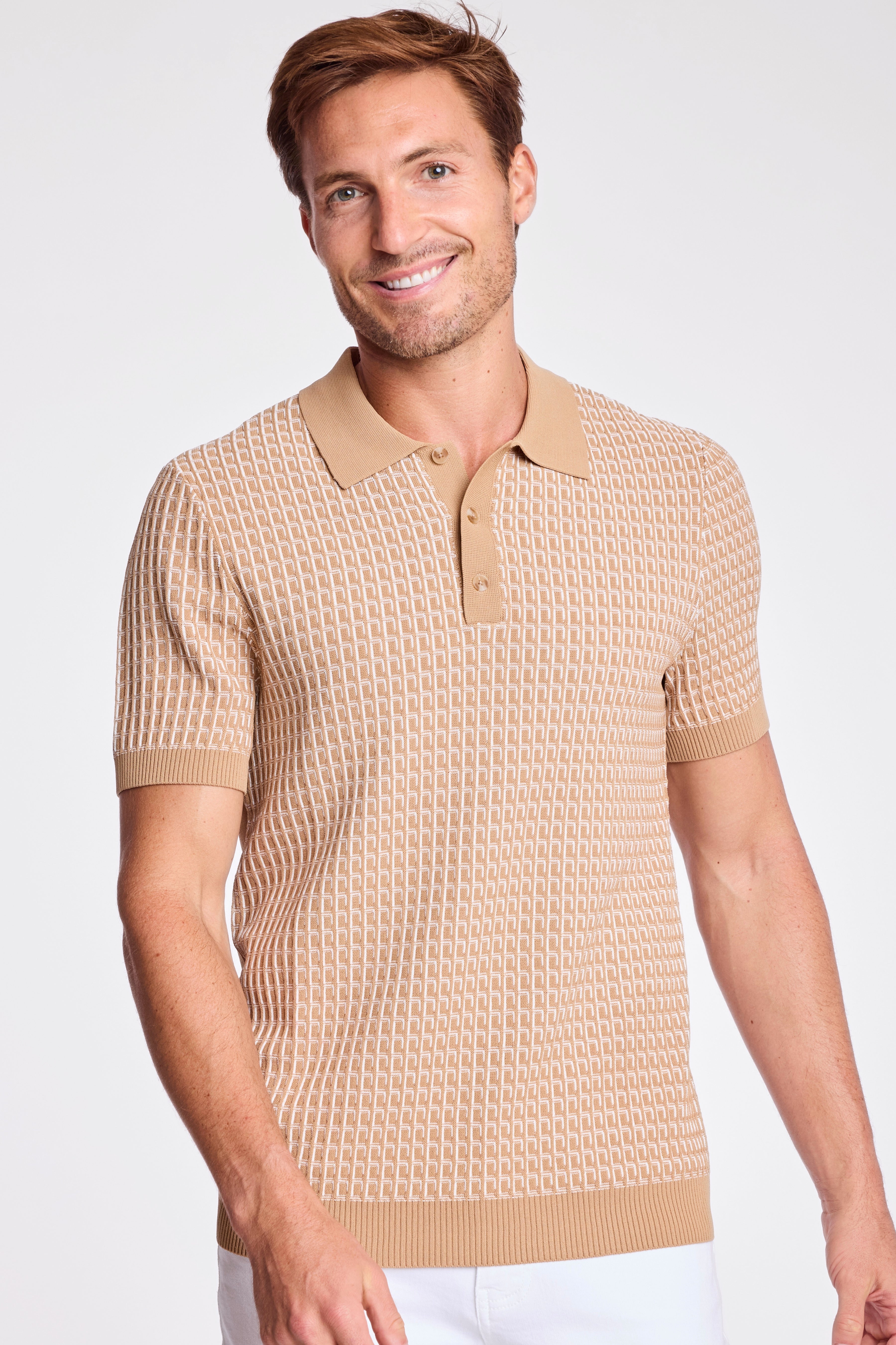 3 Button Polo - Tan & White