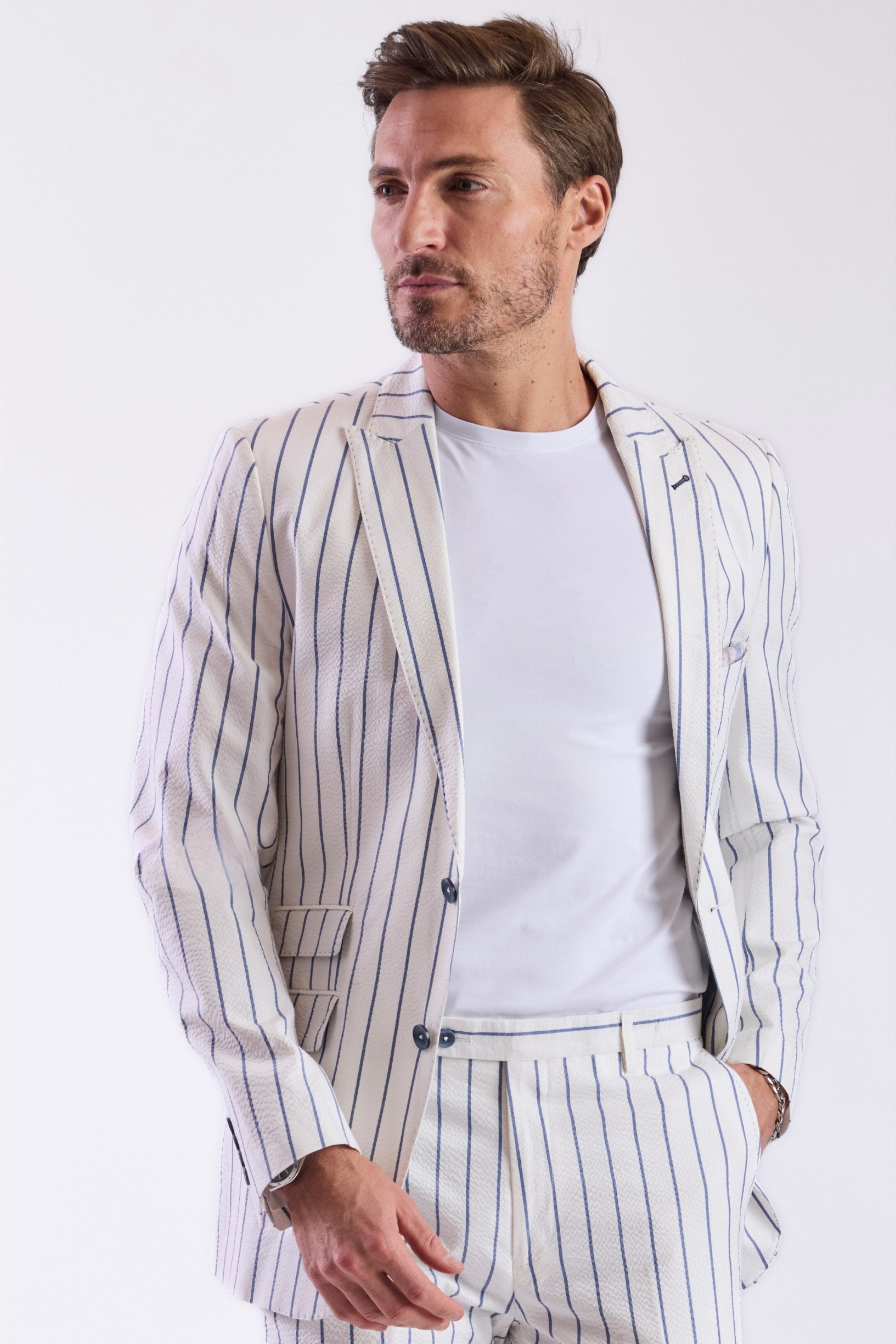 Ashton Peak Jacket - slim - White Seersucker Blue Stripe