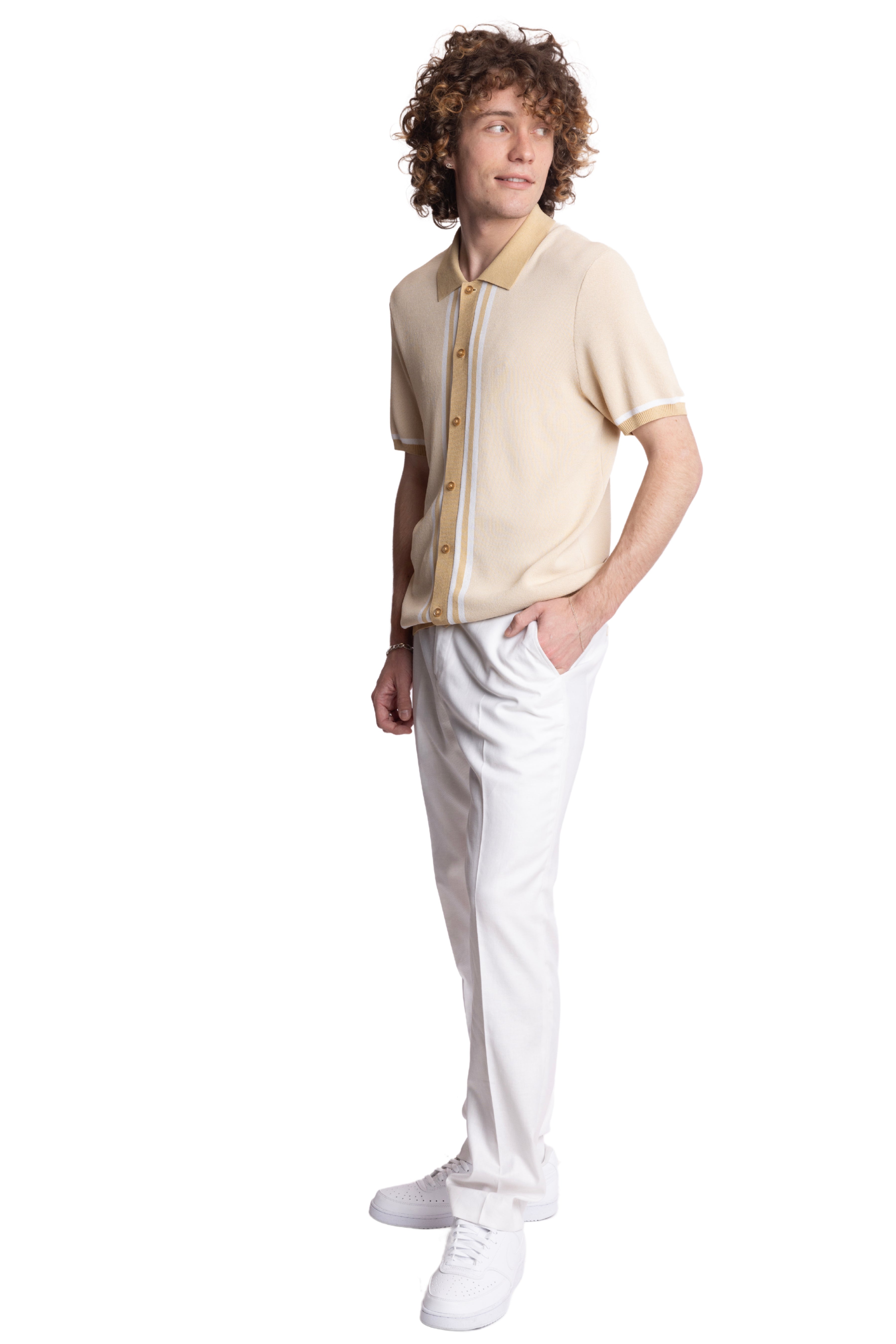 Full Placket Retro Polo - Tan White