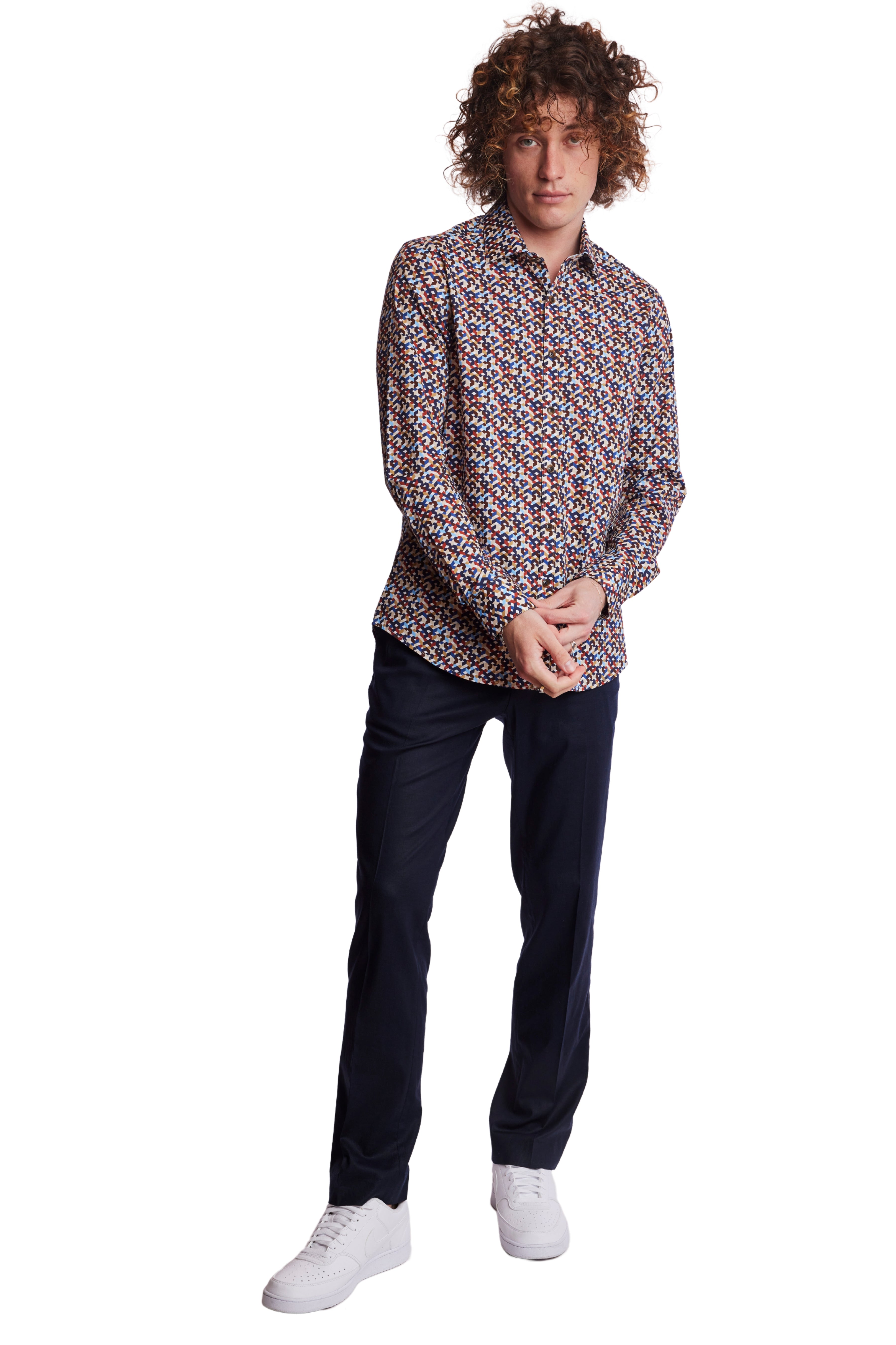 Samuel Spread Collar Shirt - Rust Blue Geo