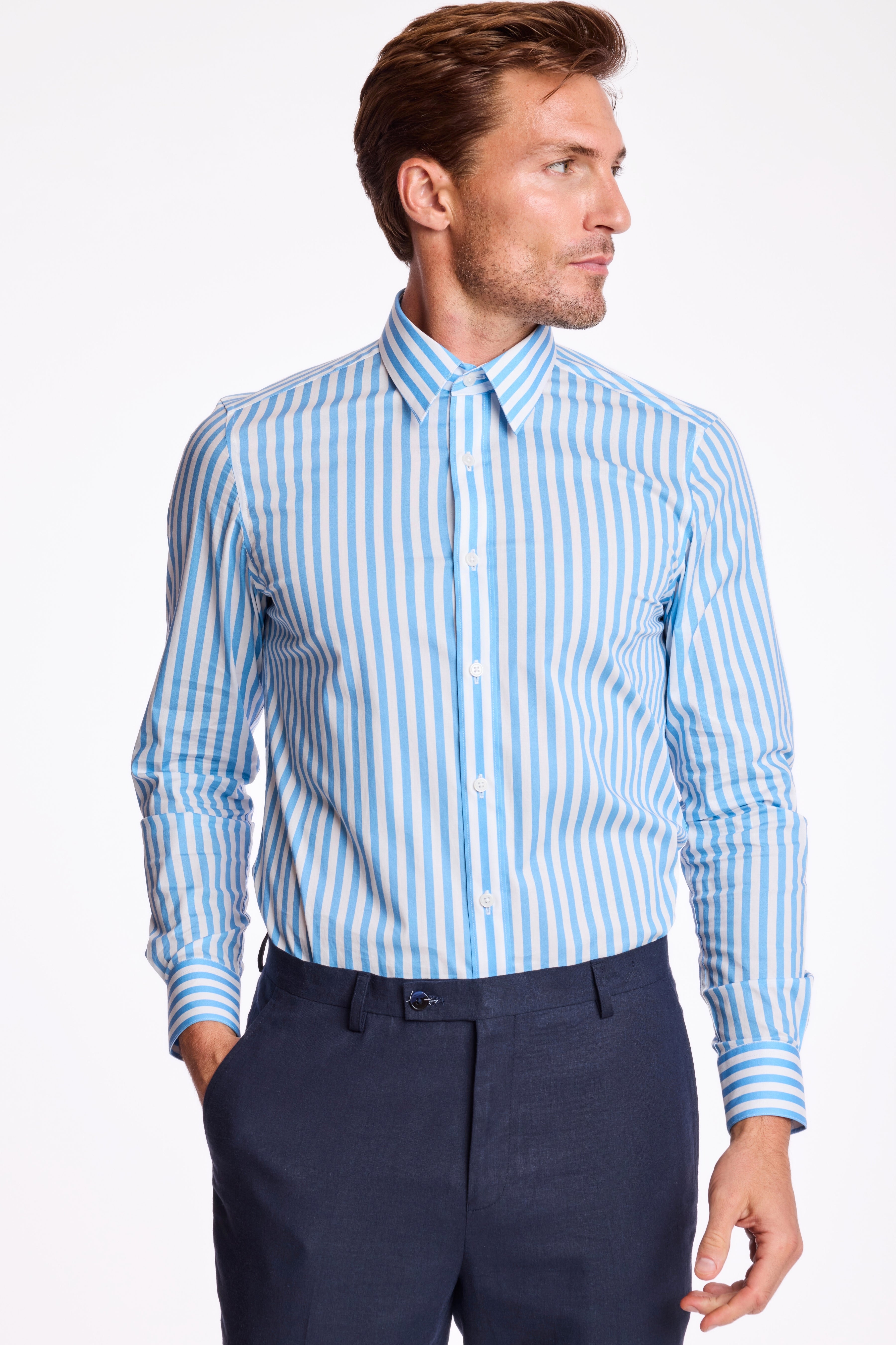 Parker Pointed Collar Shirt - Lt Blue White Stripes