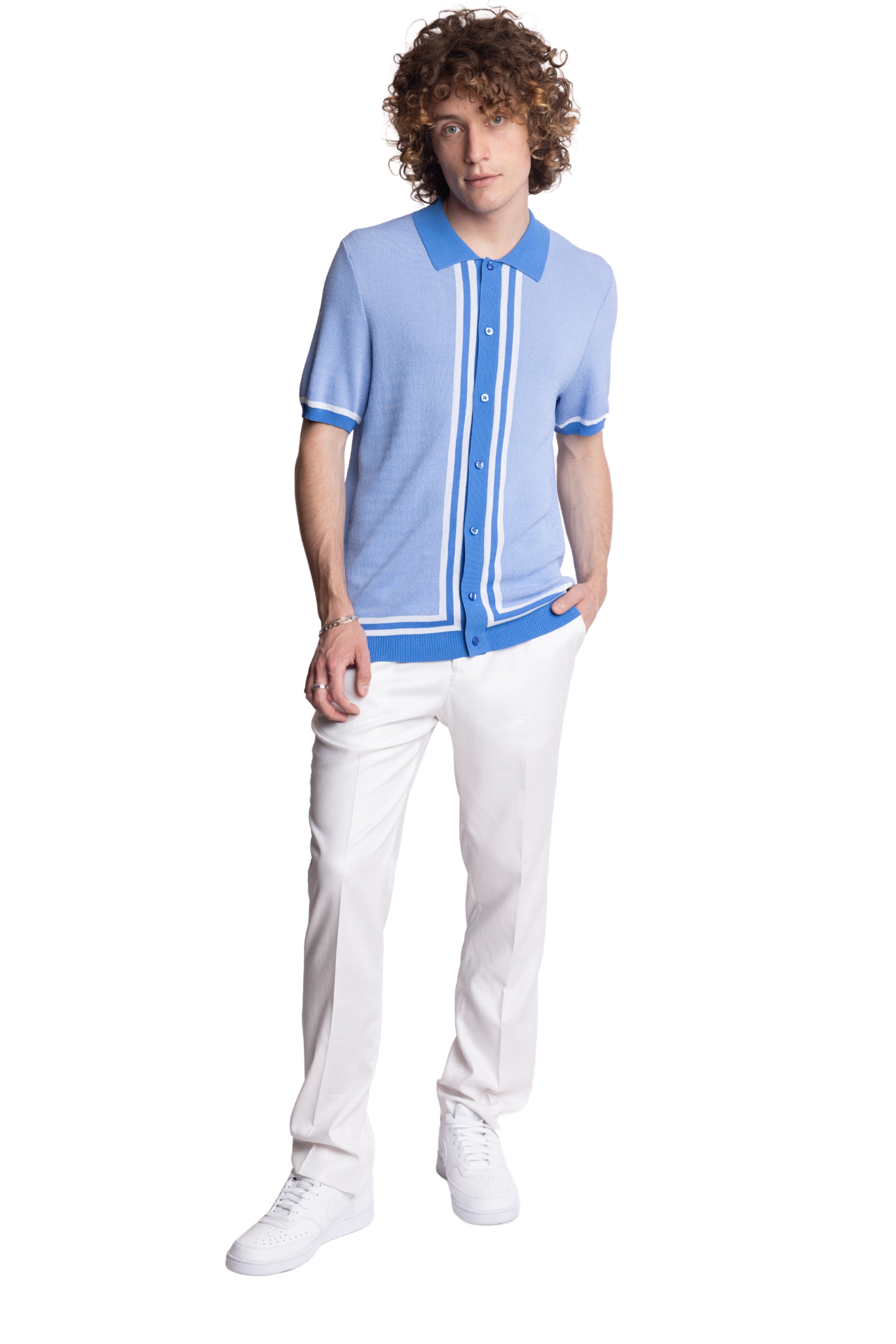 Full Placket Retro Polo - Easy Blue White