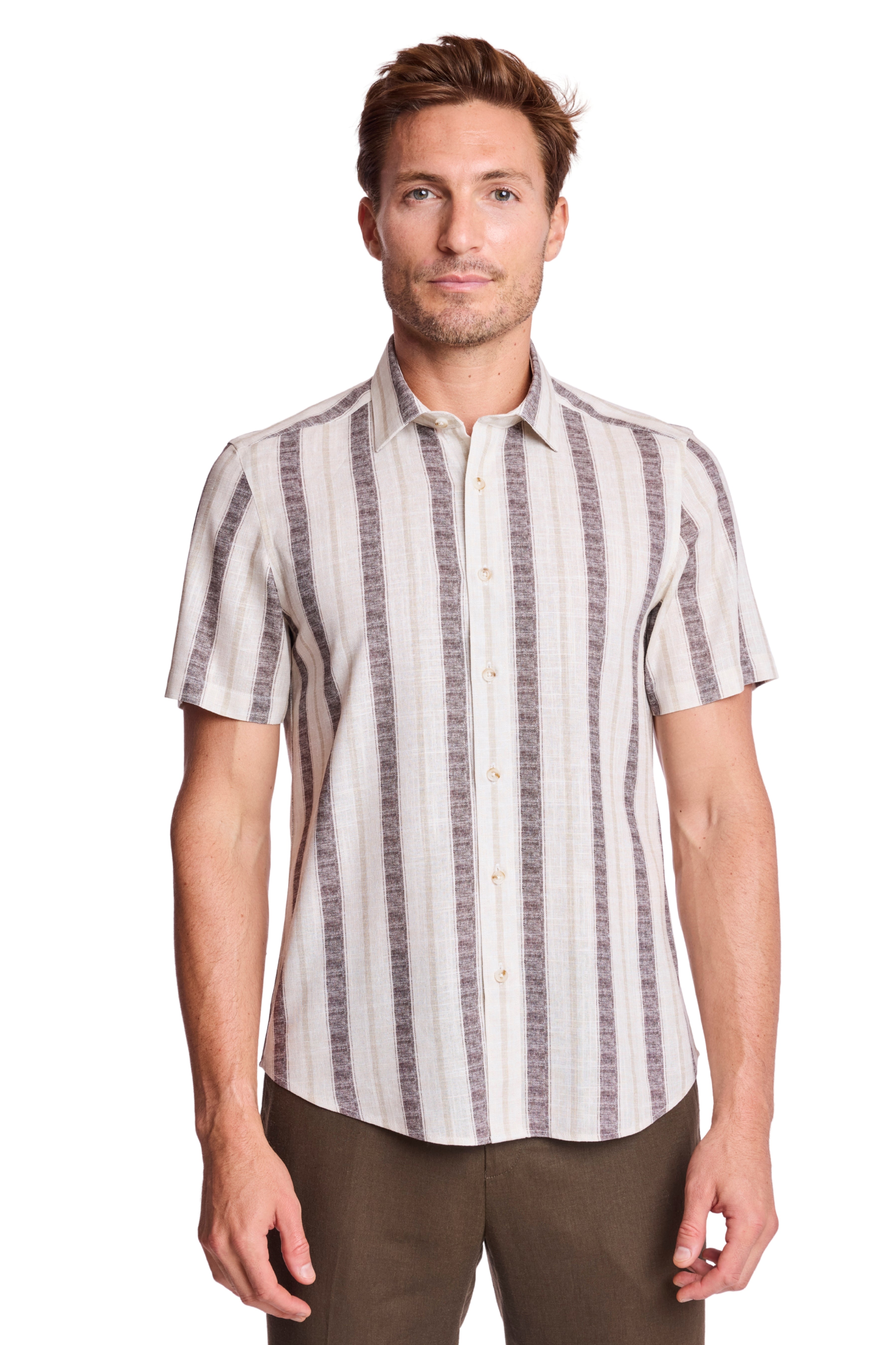 Sawyer Spread Collar Shirt - Tan Brown Stripes