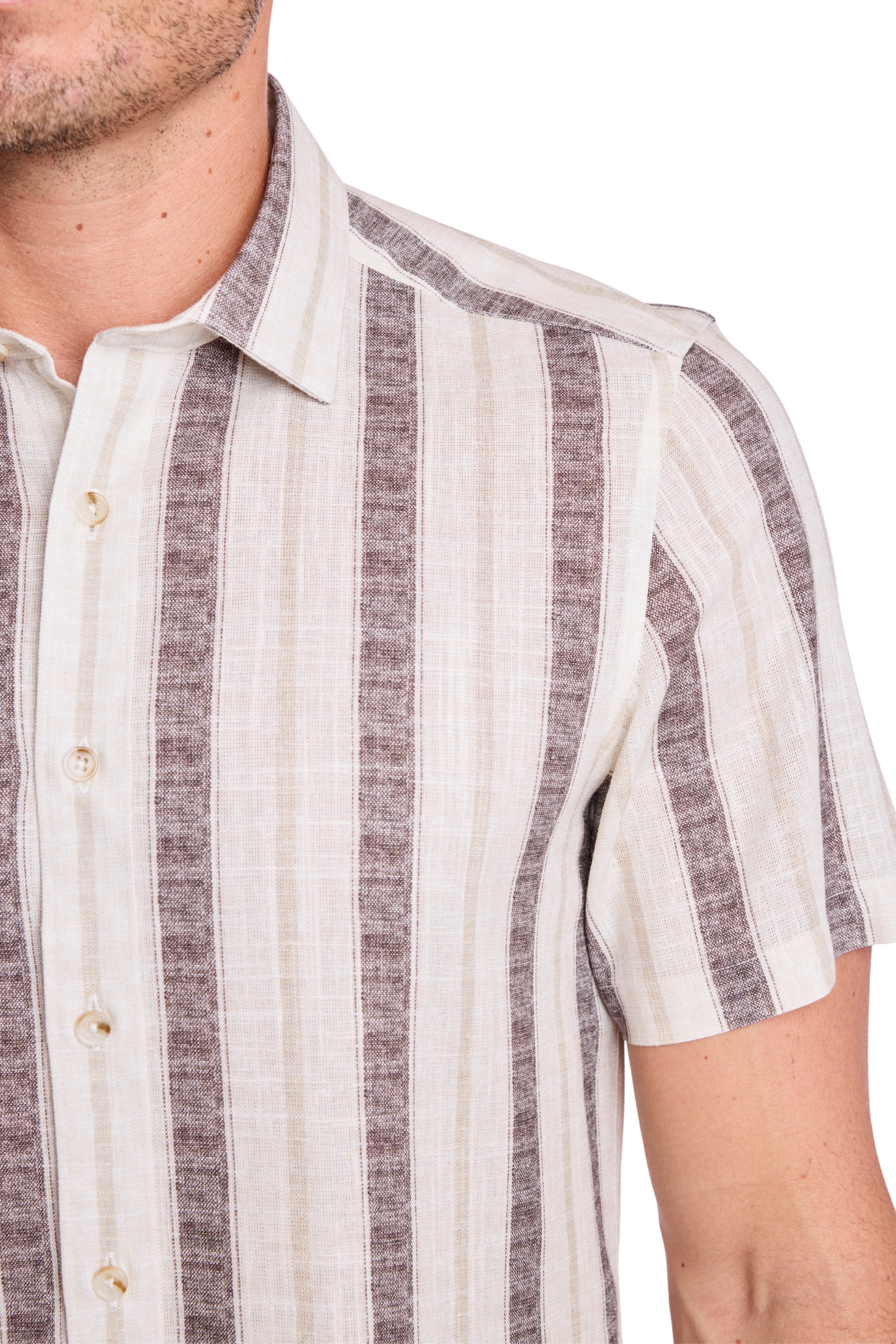Sawyer Spread Collar Shirt - Tan Brown Stripes