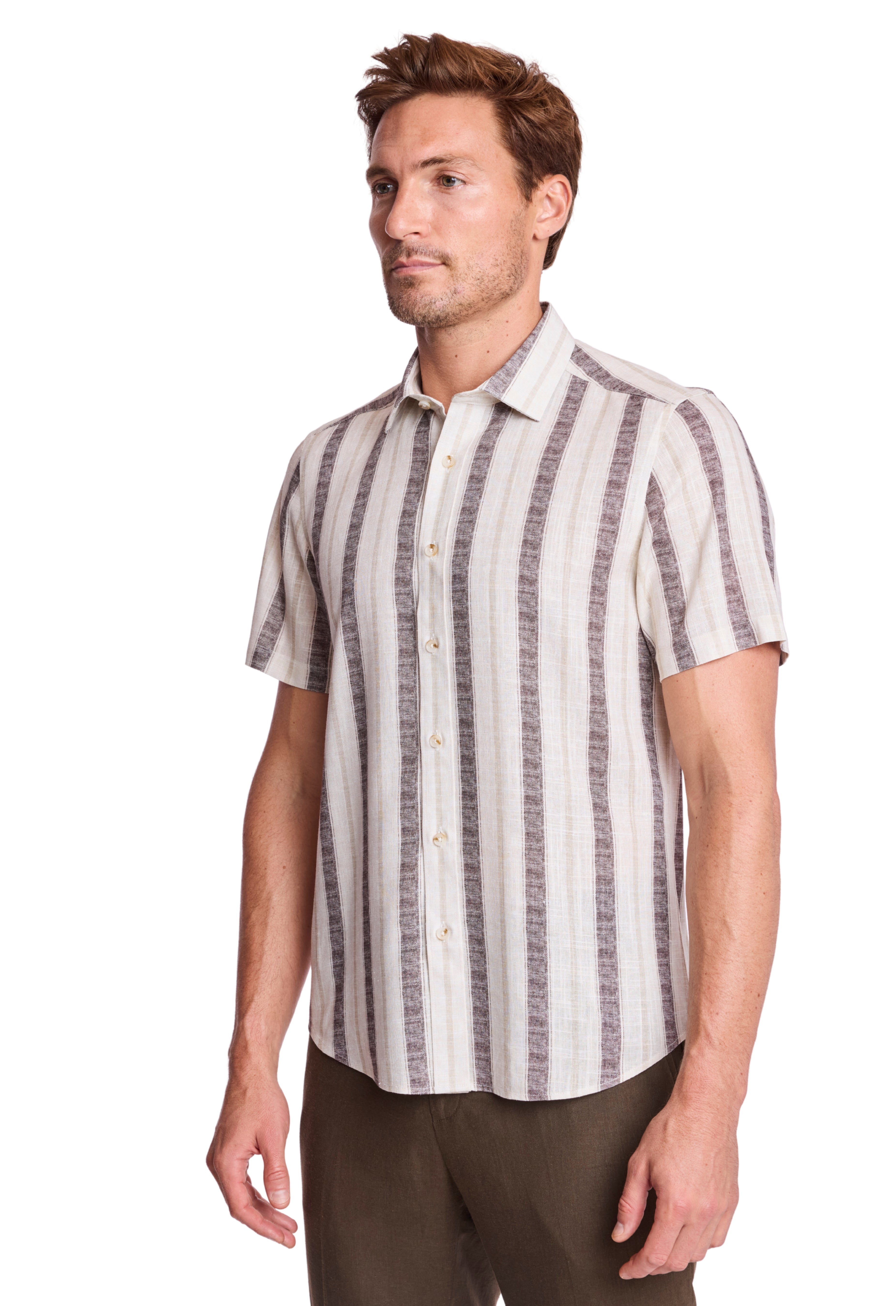 Sawyer Spread Collar Shirt - Tan Brown Stripes