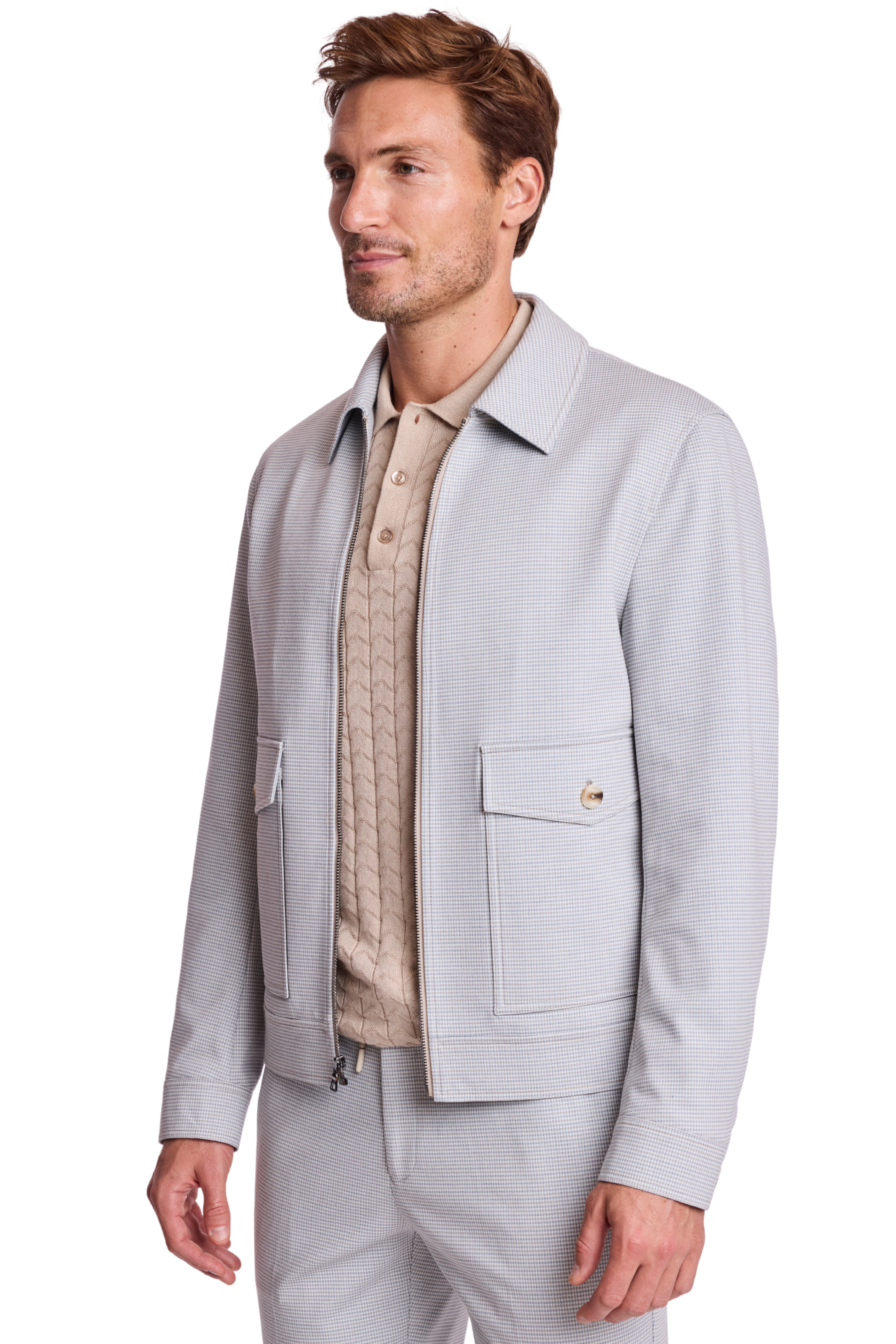 Milo Zip Front Jacket - slim - Steel Puddle Knit Houndstooth