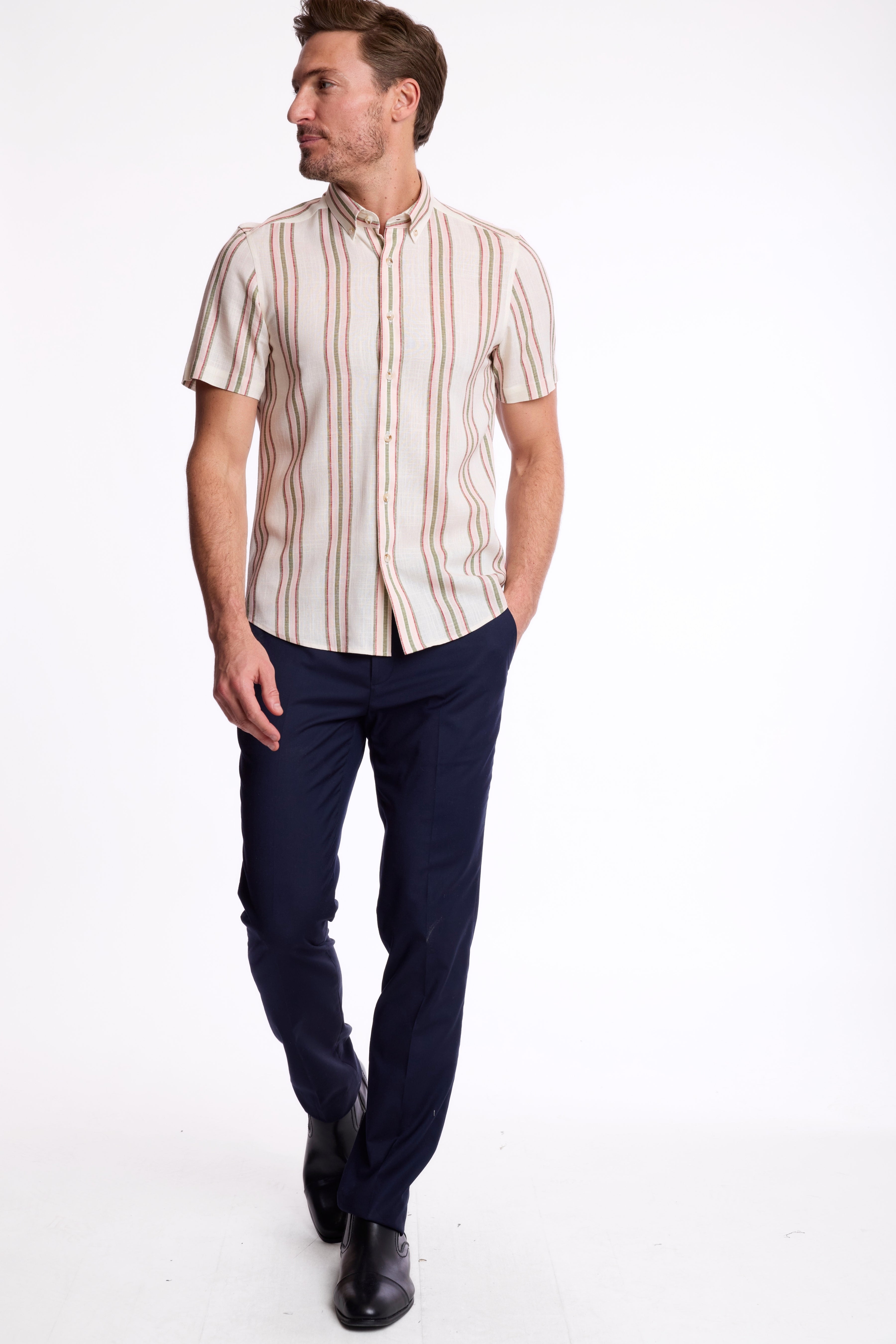 S/S Brian Button Down Collar  - Olive Rose Stripe