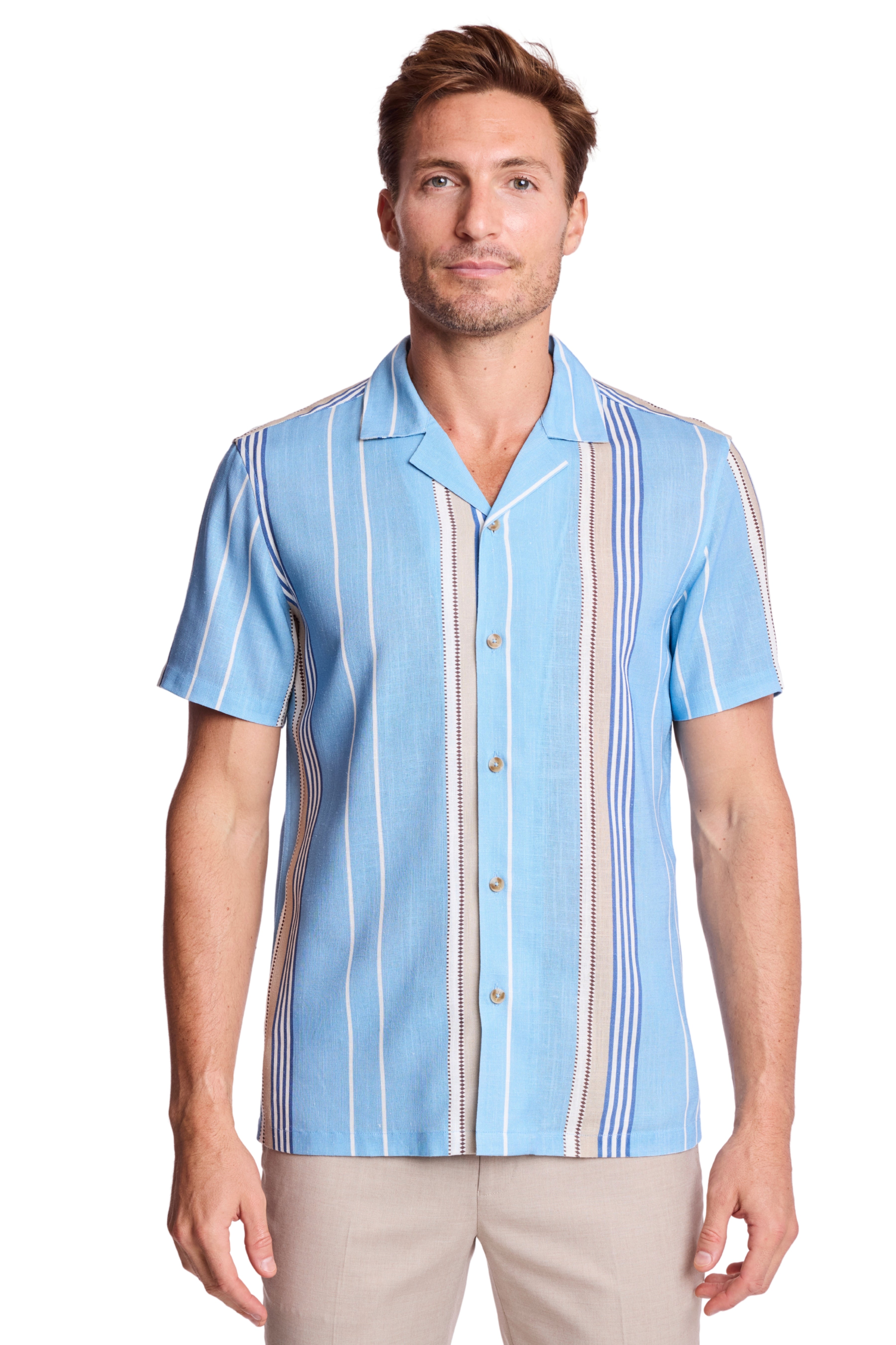 S/S Camp Collar Shirt - Sand & Sky Stripe
