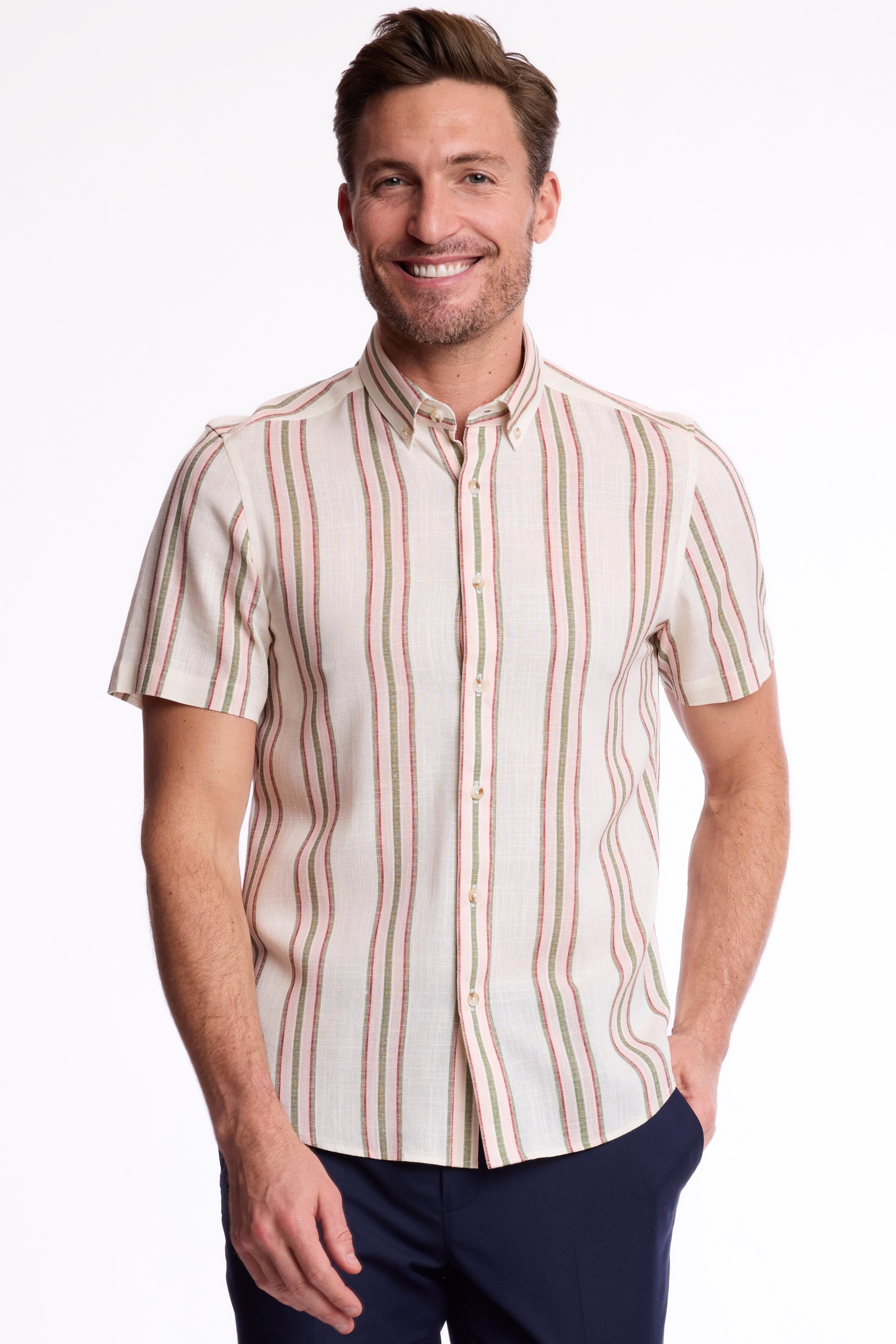 S/S Brian Button Down Collar  - Olive Rose Stripe