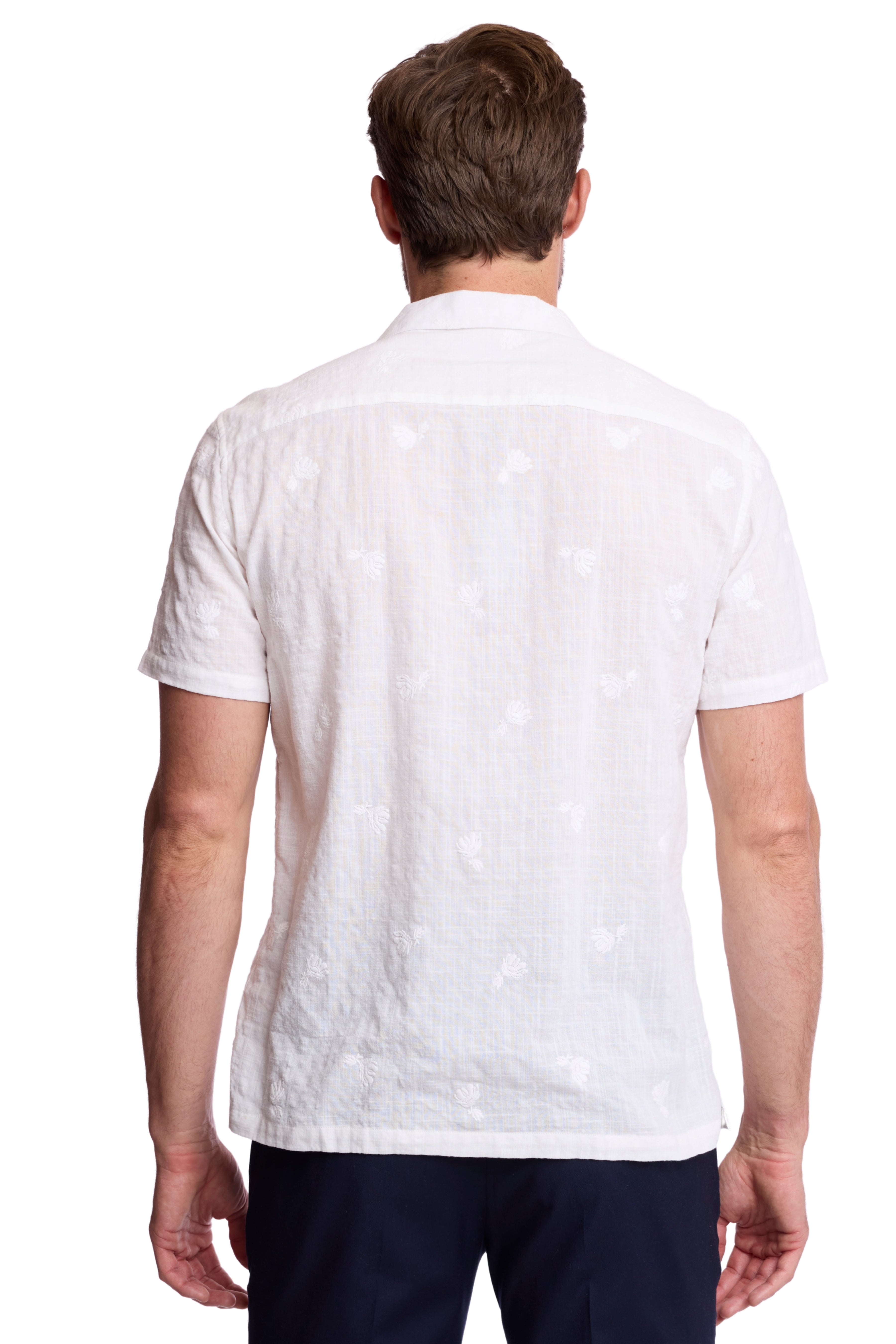 S/S Camp Collar Shirt - White Embroidered Flowers