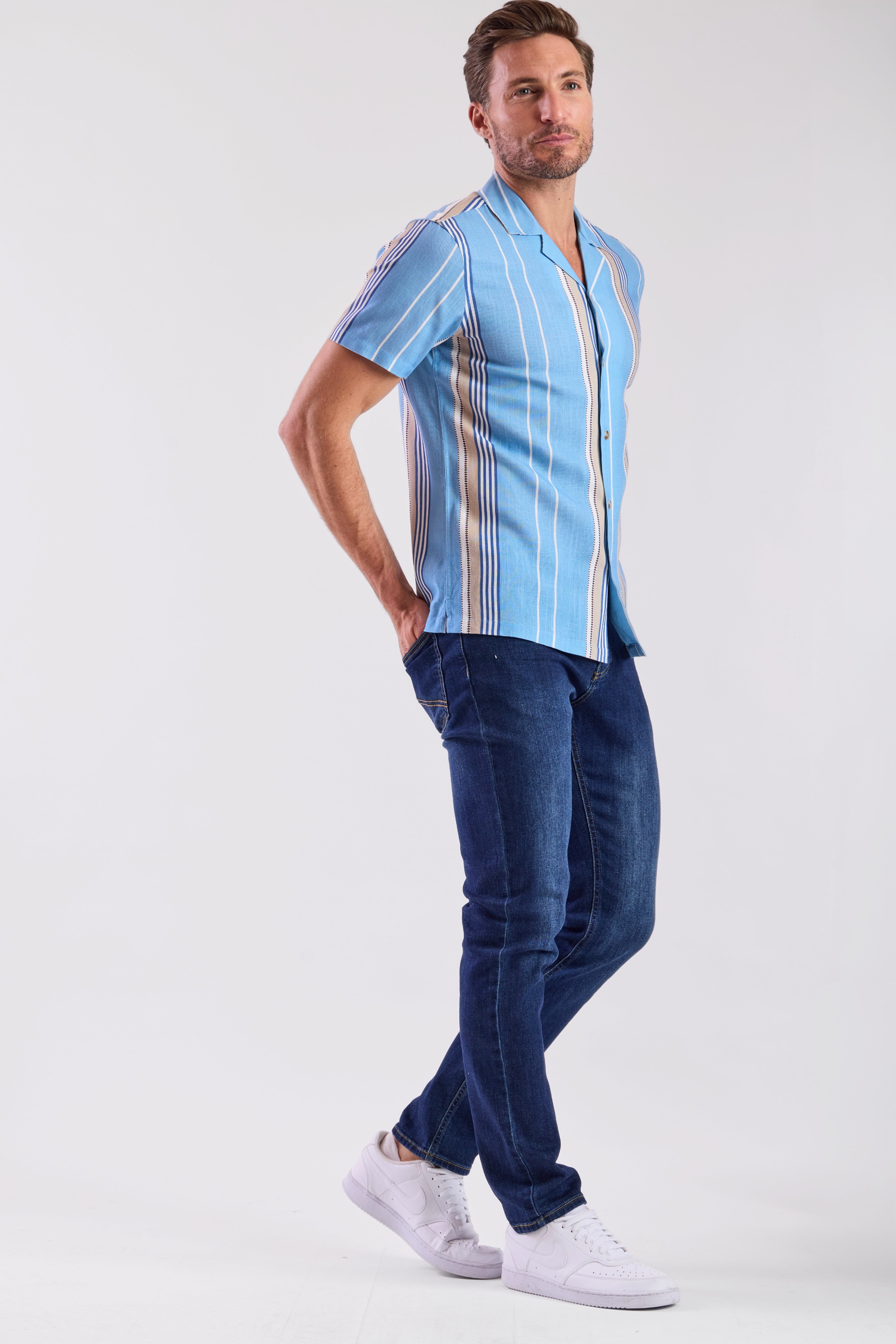 S/S Camp Collar Shirt - Sand & Sky Stripe