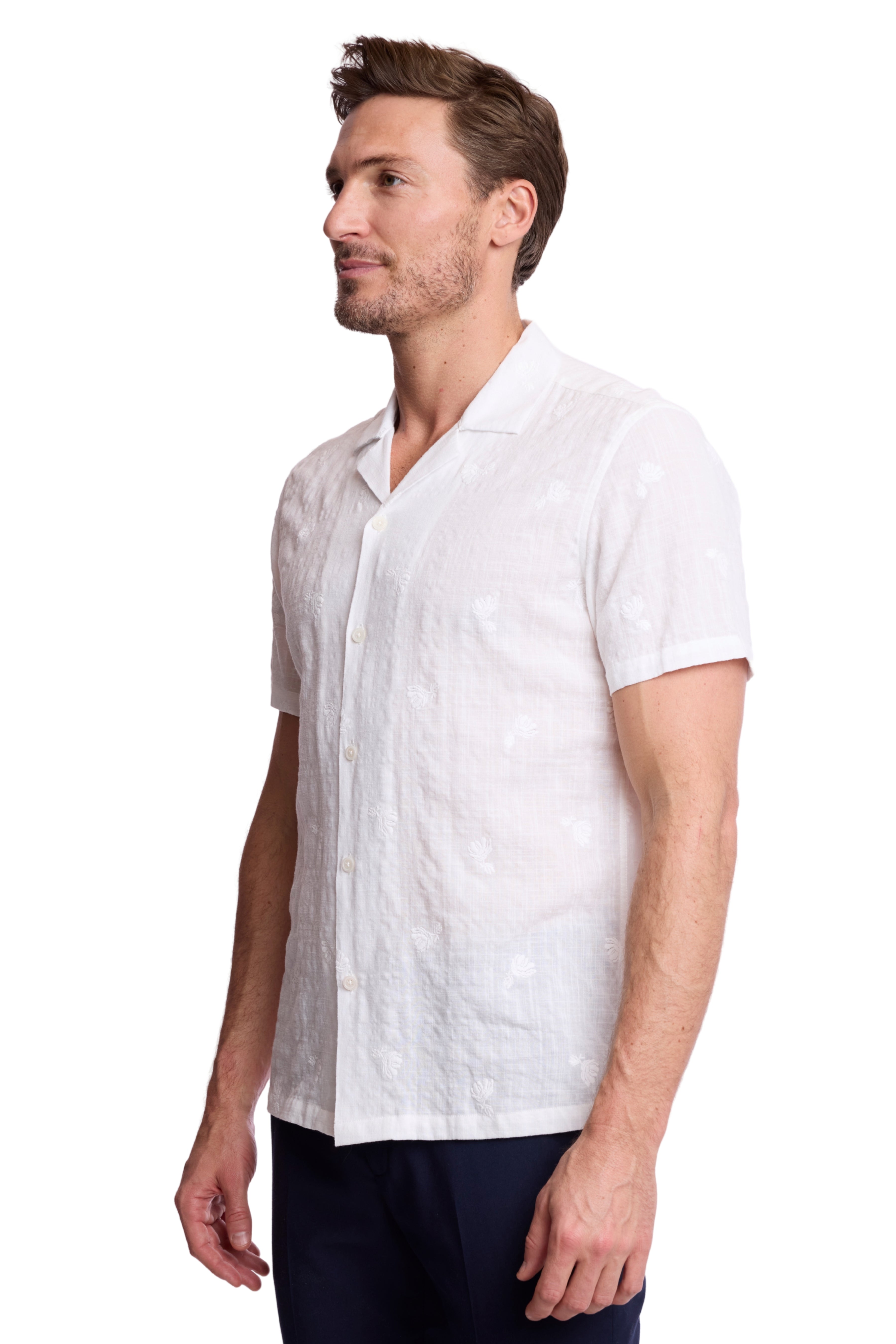 S/S Camp Collar Shirt - White Embroidered Flowers