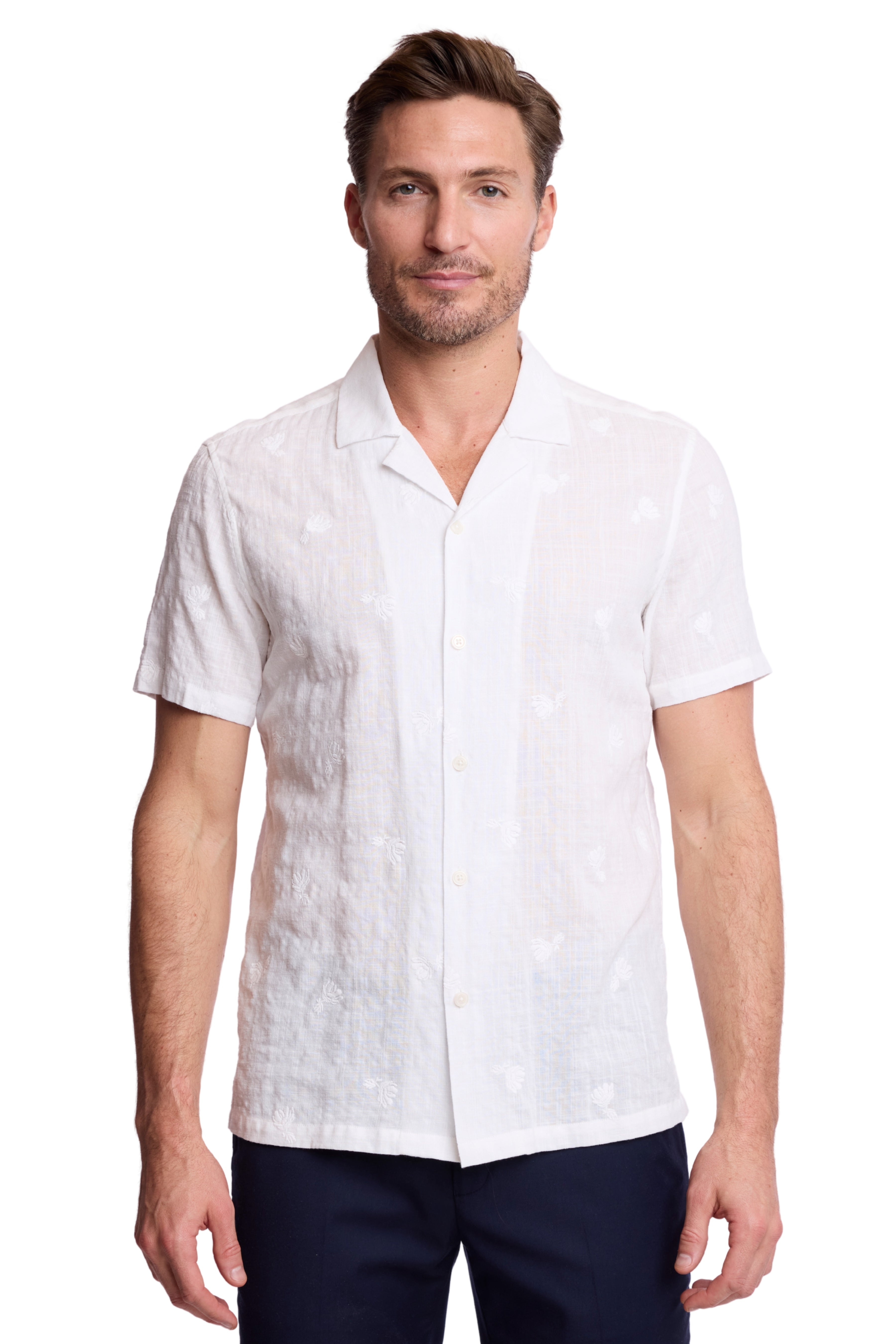 S/S Camp Collar Shirt - White Embroidered Flowers