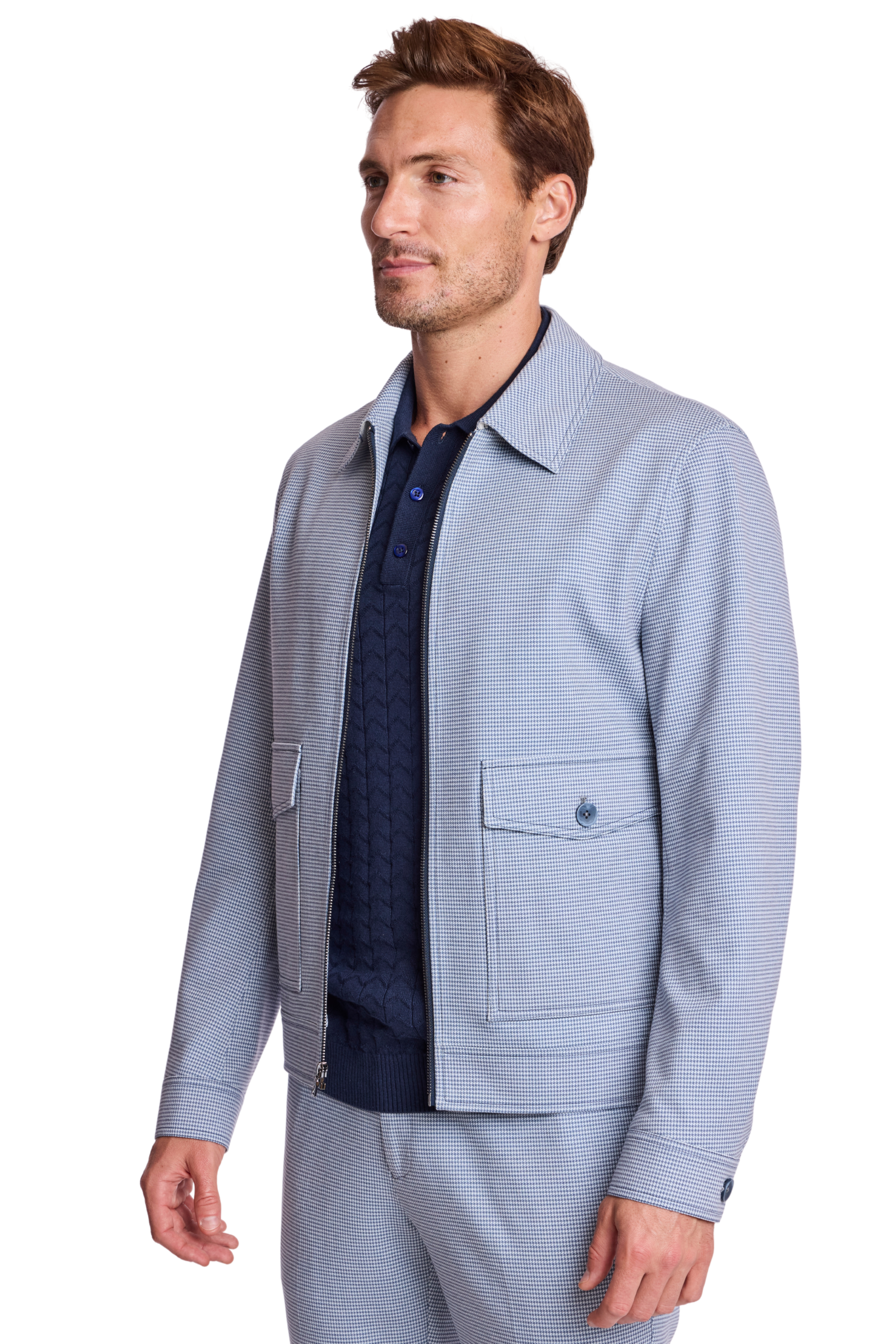 Milo Zip Front Jacket - slim - Navy Knit Houndstooth