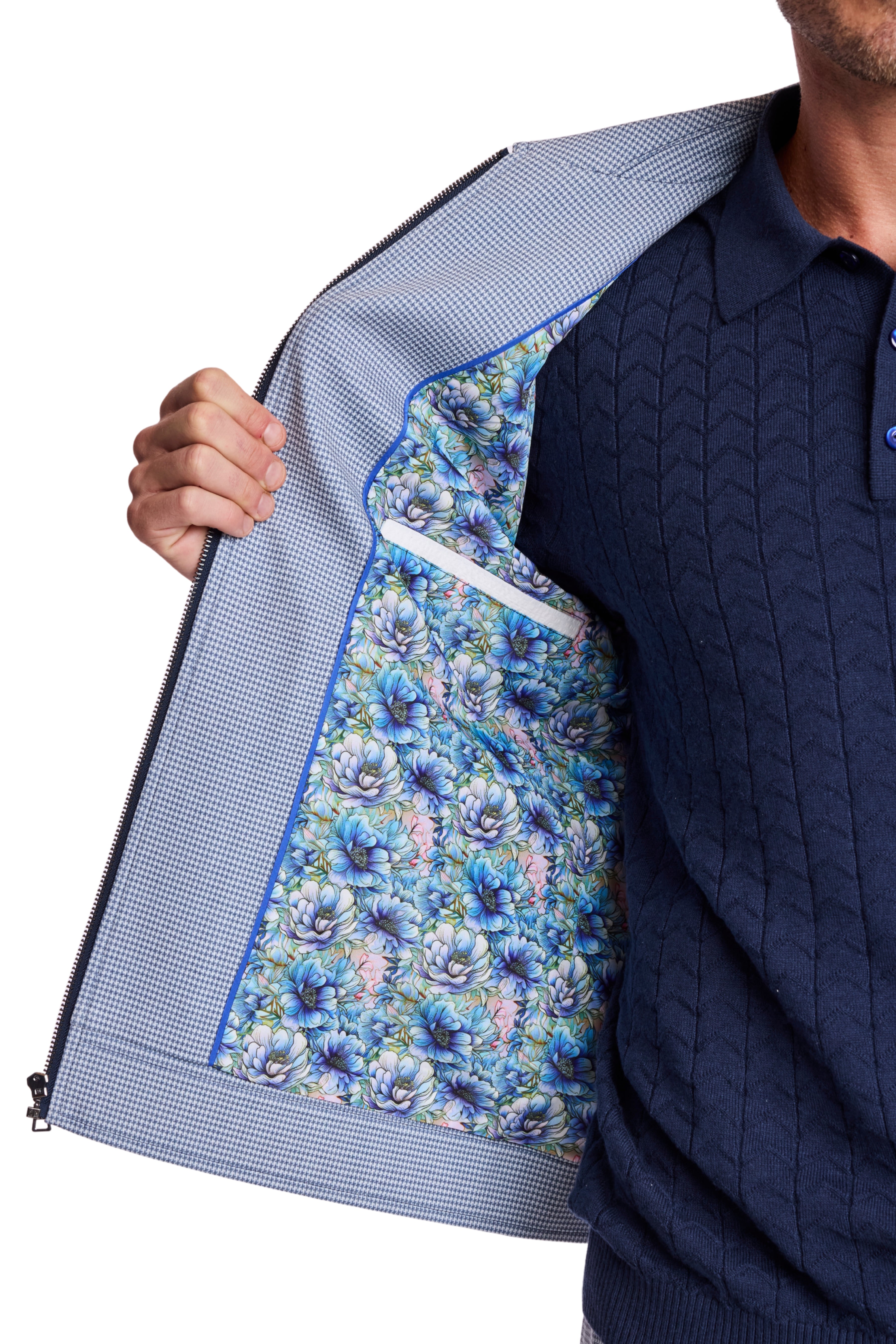 Milo Zip Front Jacket - slim - Navy Knit Houndstooth