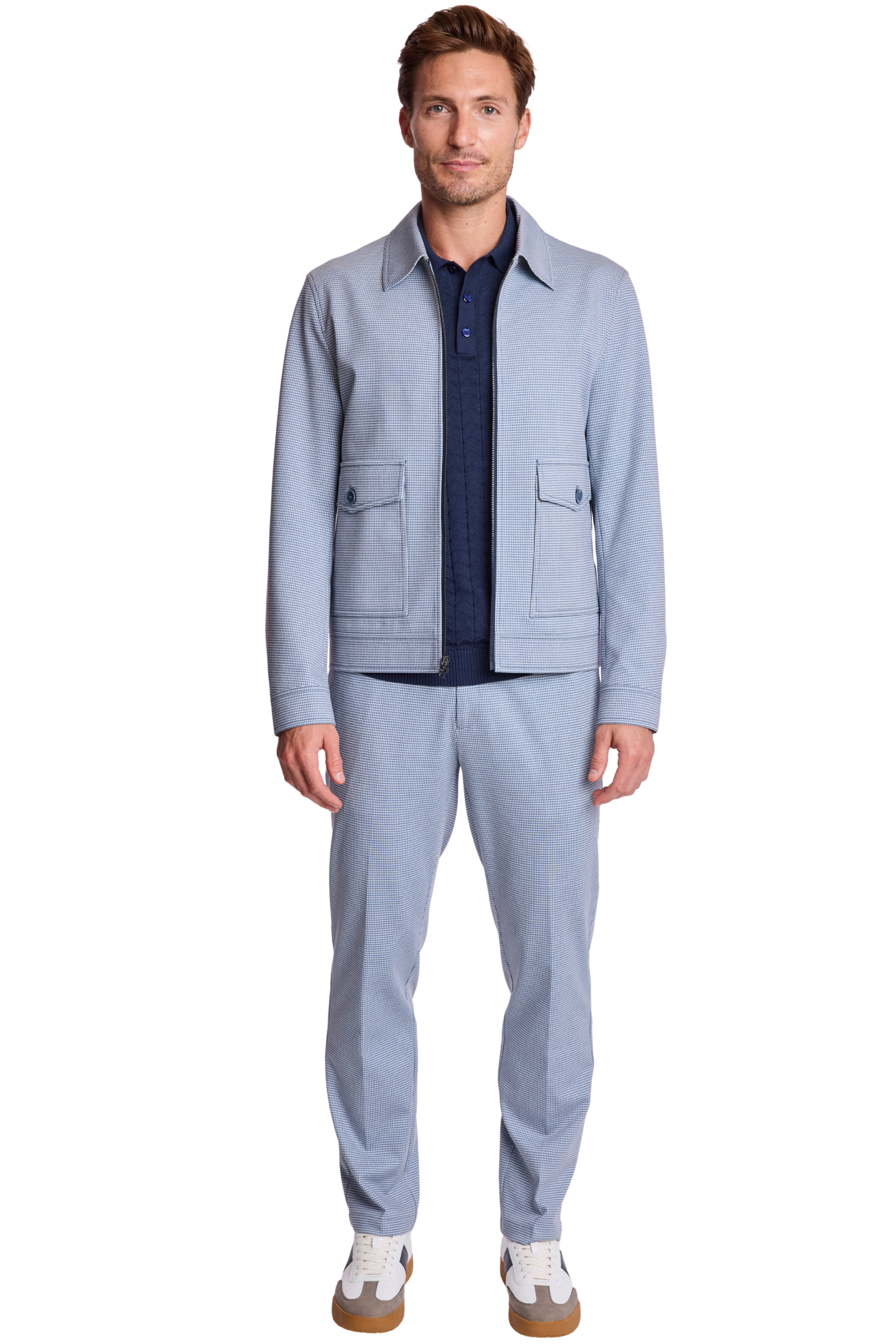 Milo Zip Front Jacket - slim - Navy Knit Houndstooth