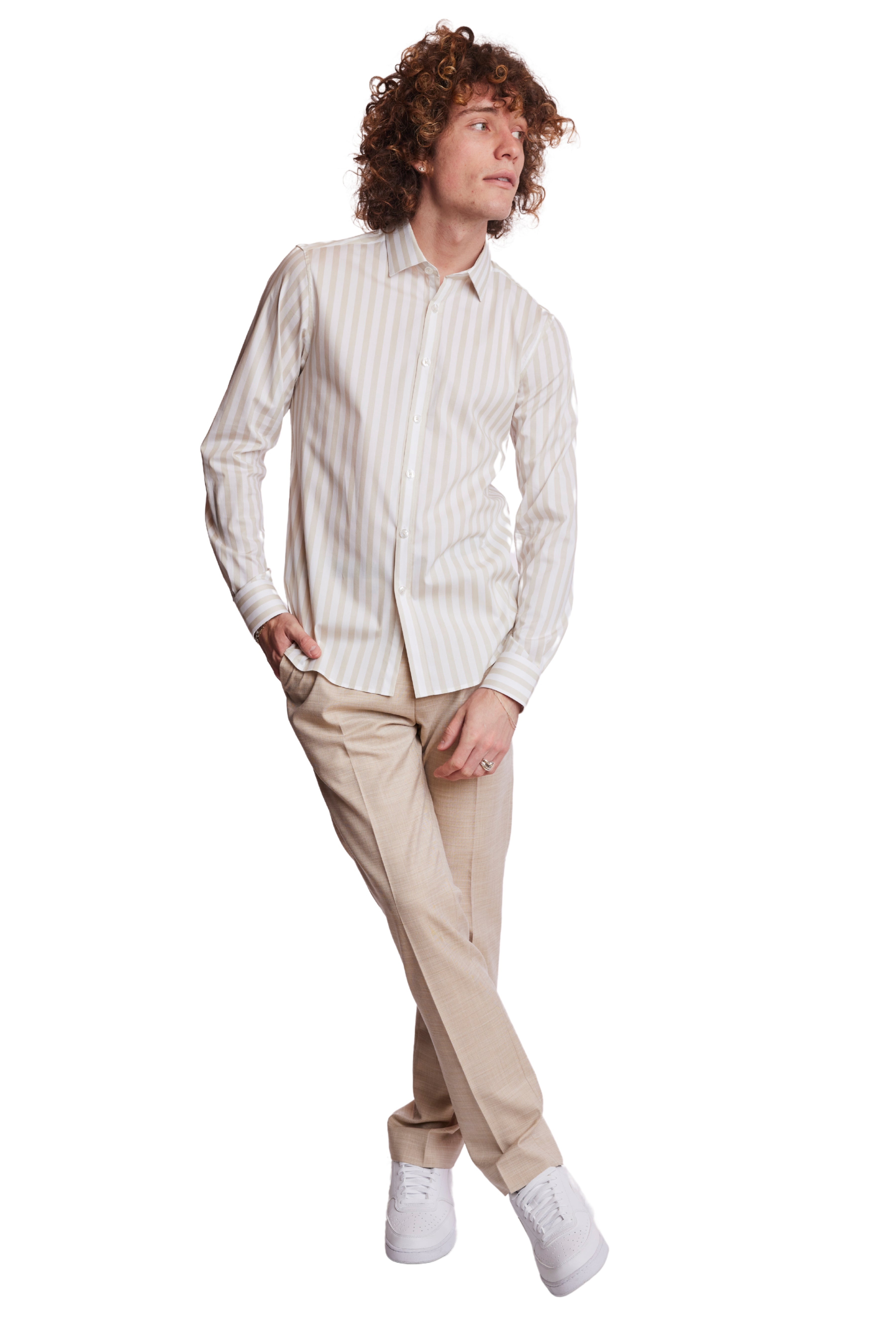 Samuel Spread Collar Shirt - Tan & White Wide Stripe