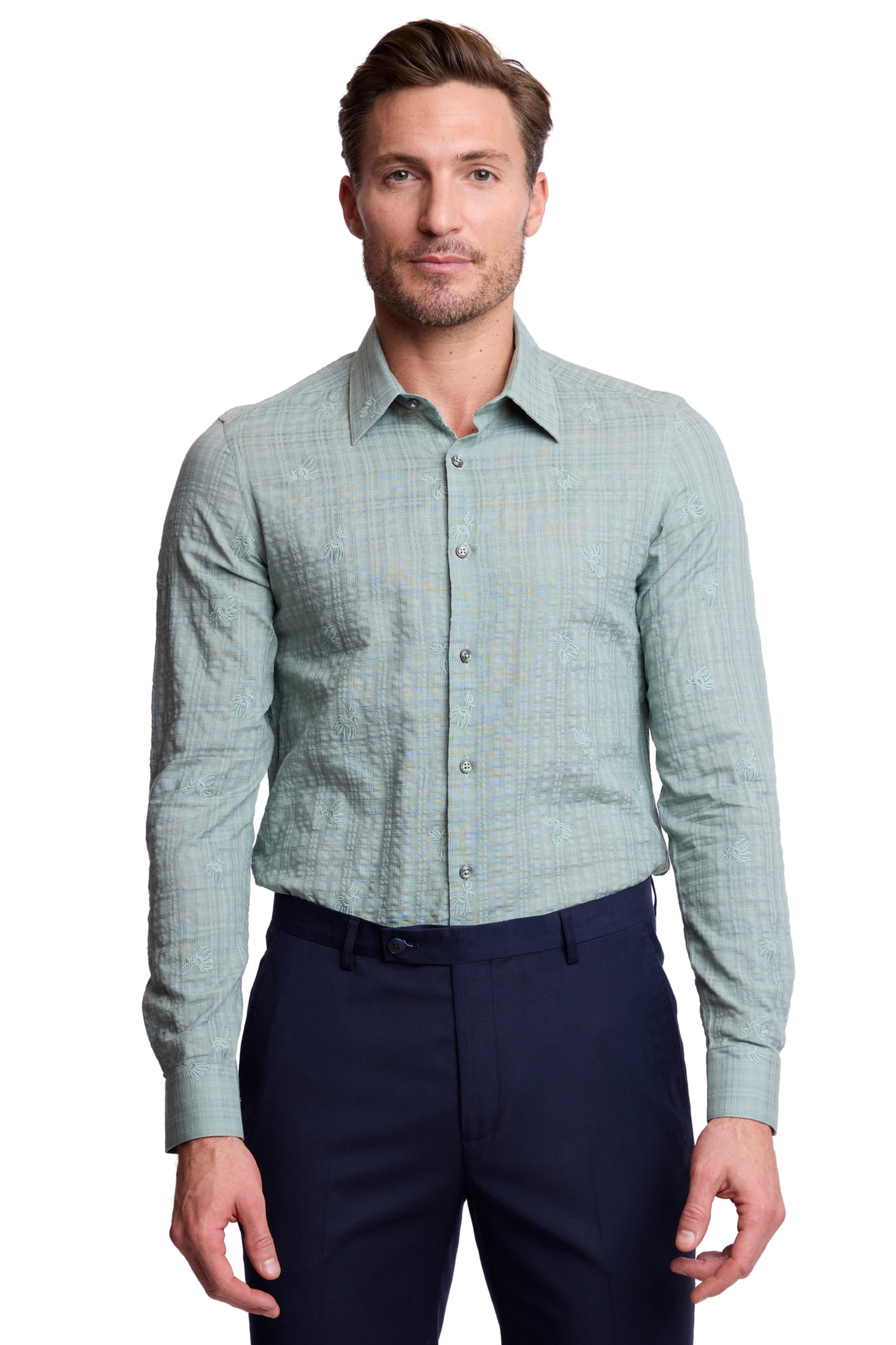 Parker Pointed Collar Shirt - Green Embroidered Flowers