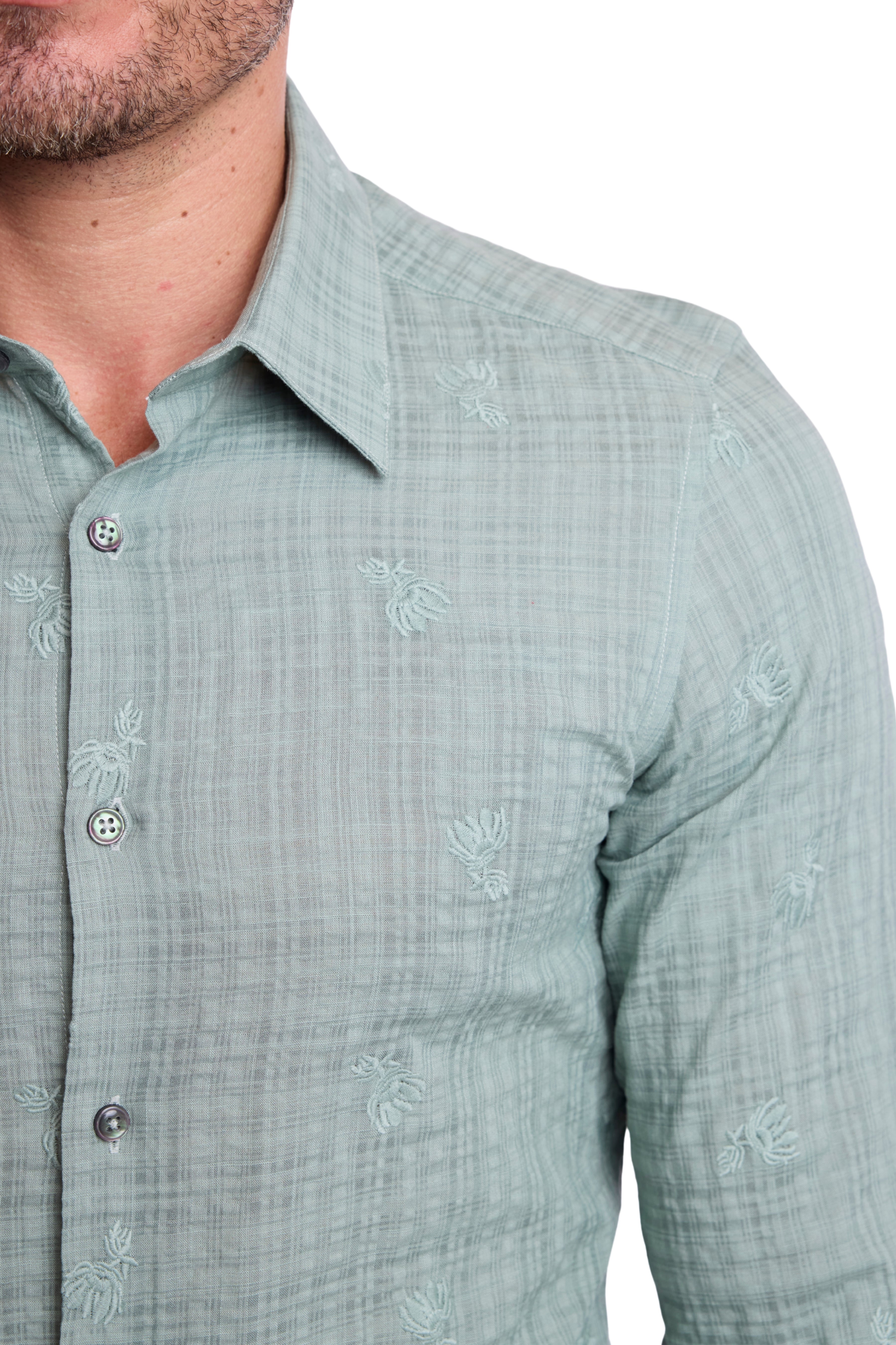Parker Pointed Collar Shirt - Green Embroidered Flowers