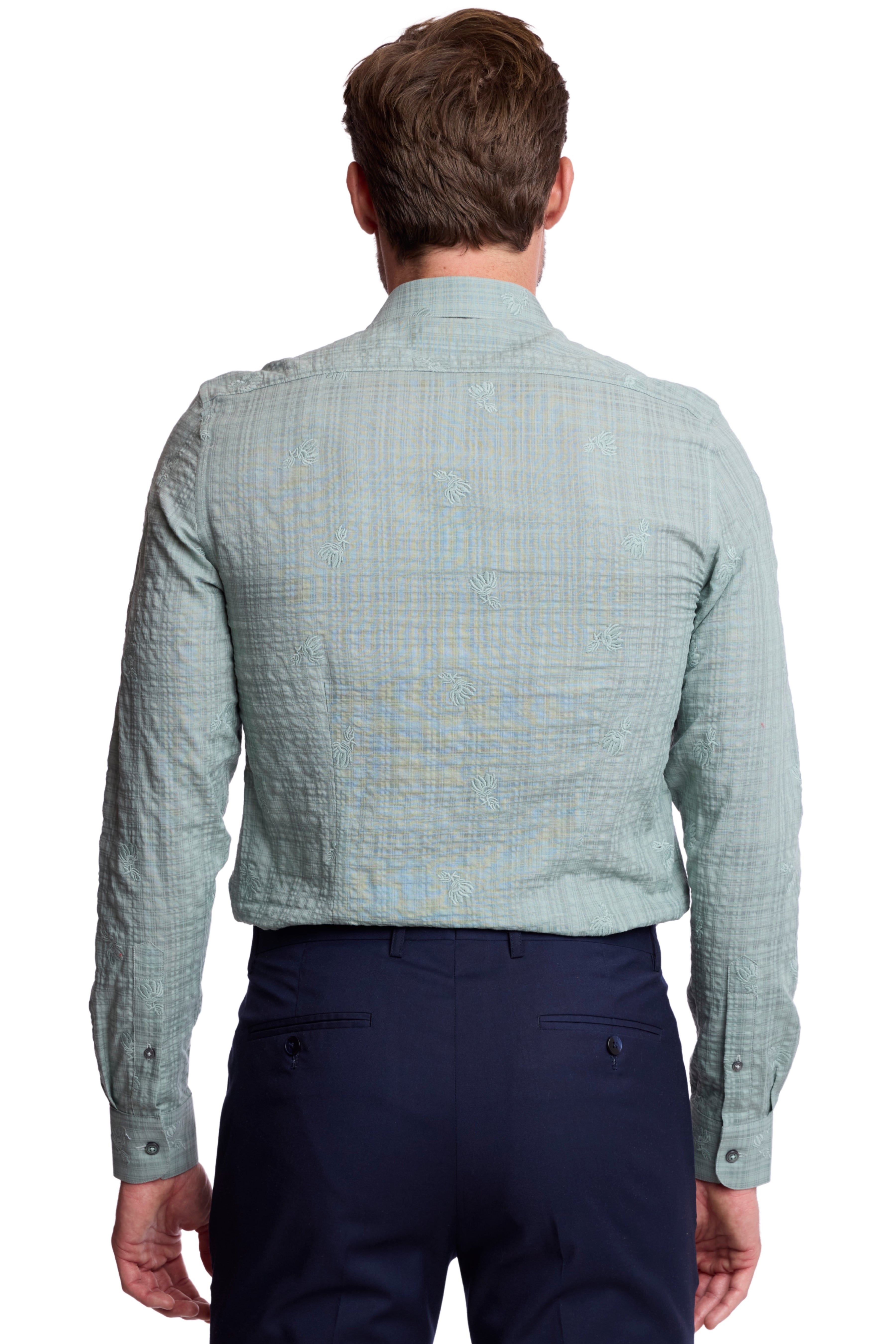Parker Pointed Collar Shirt - Green Embroidered Flowers