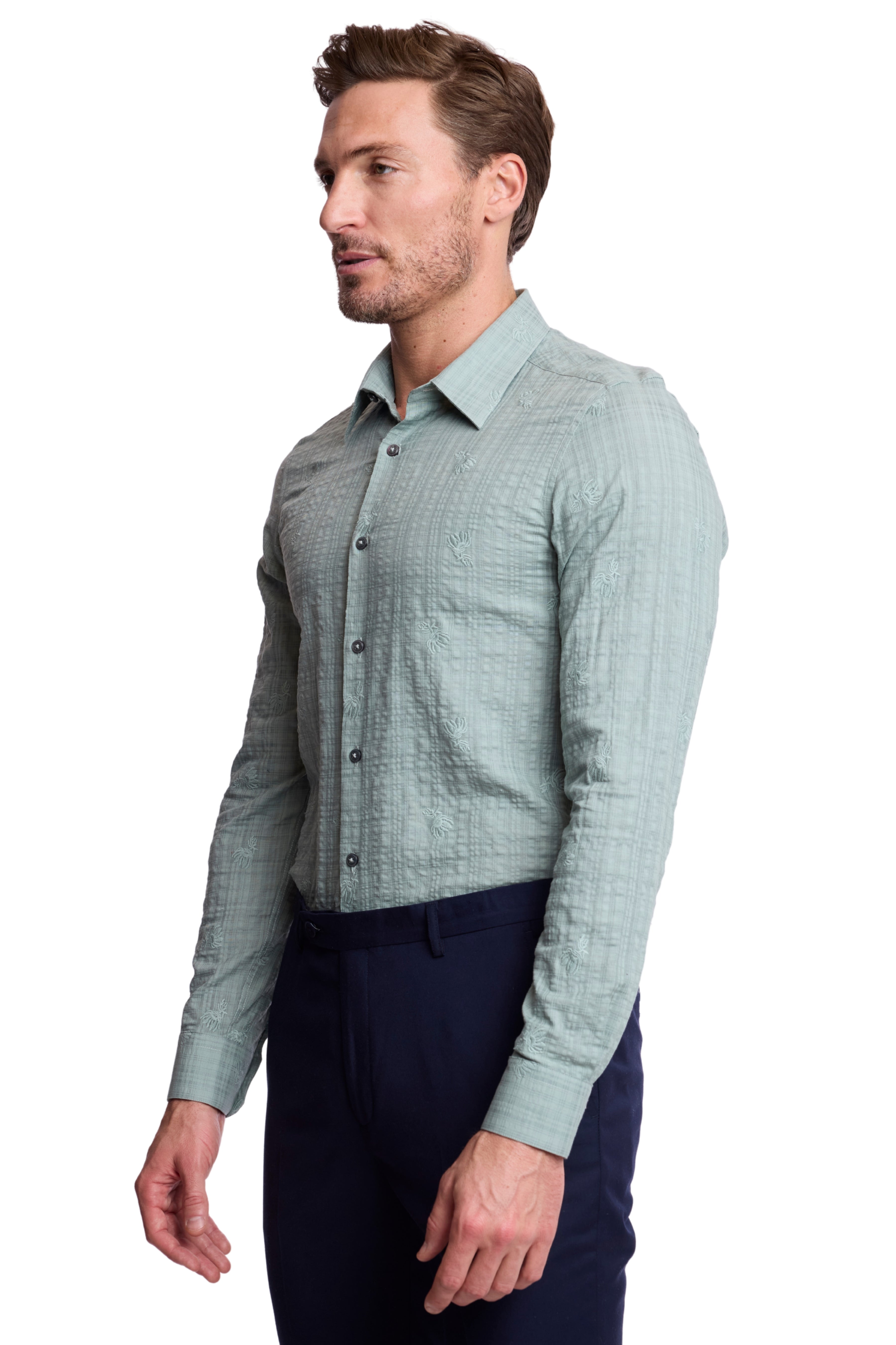 Parker Pointed Collar Shirt - Green Embroidered Flowers