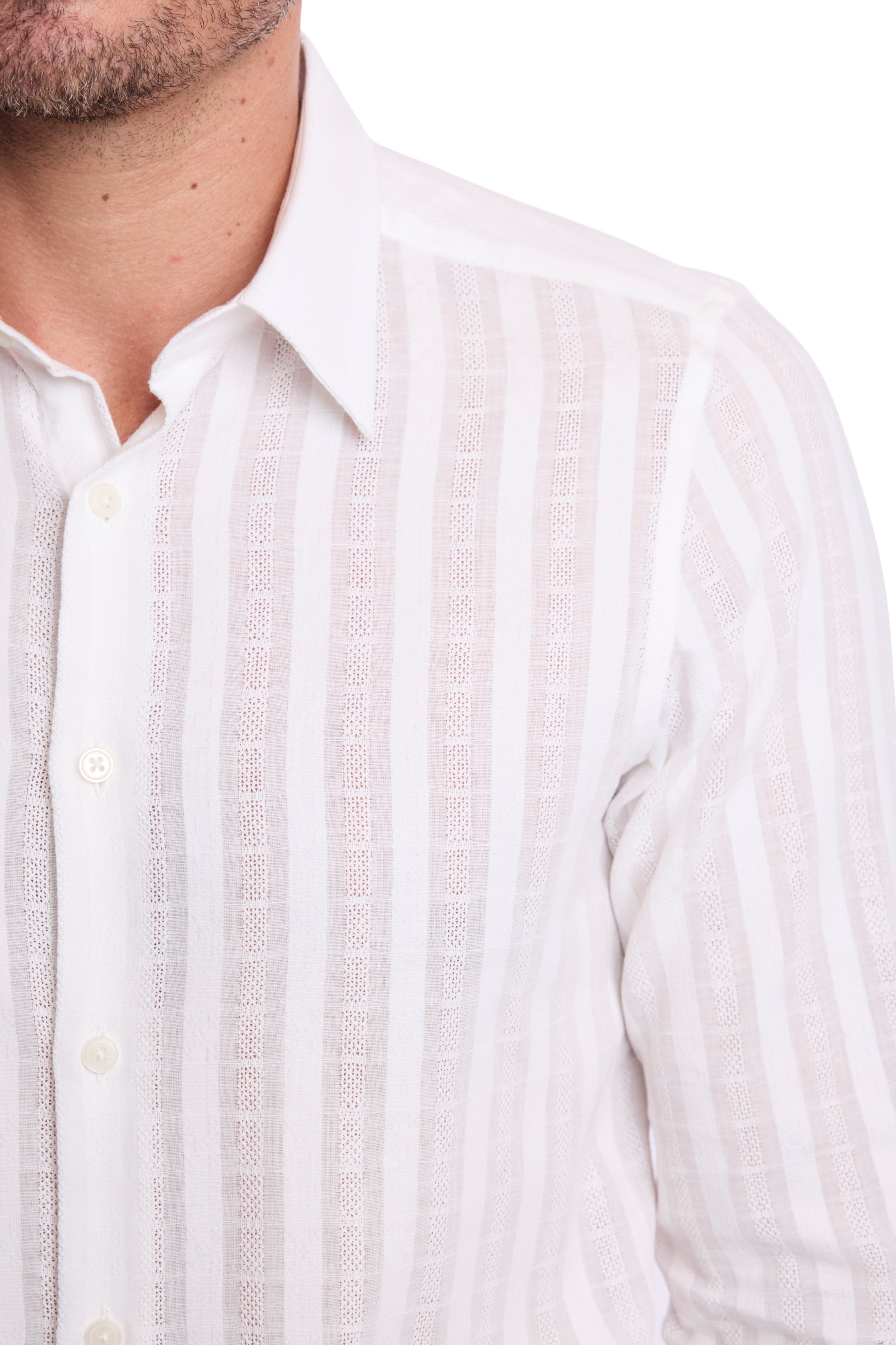 Parker Pointed Collar Shirt - White Dobby Stripes