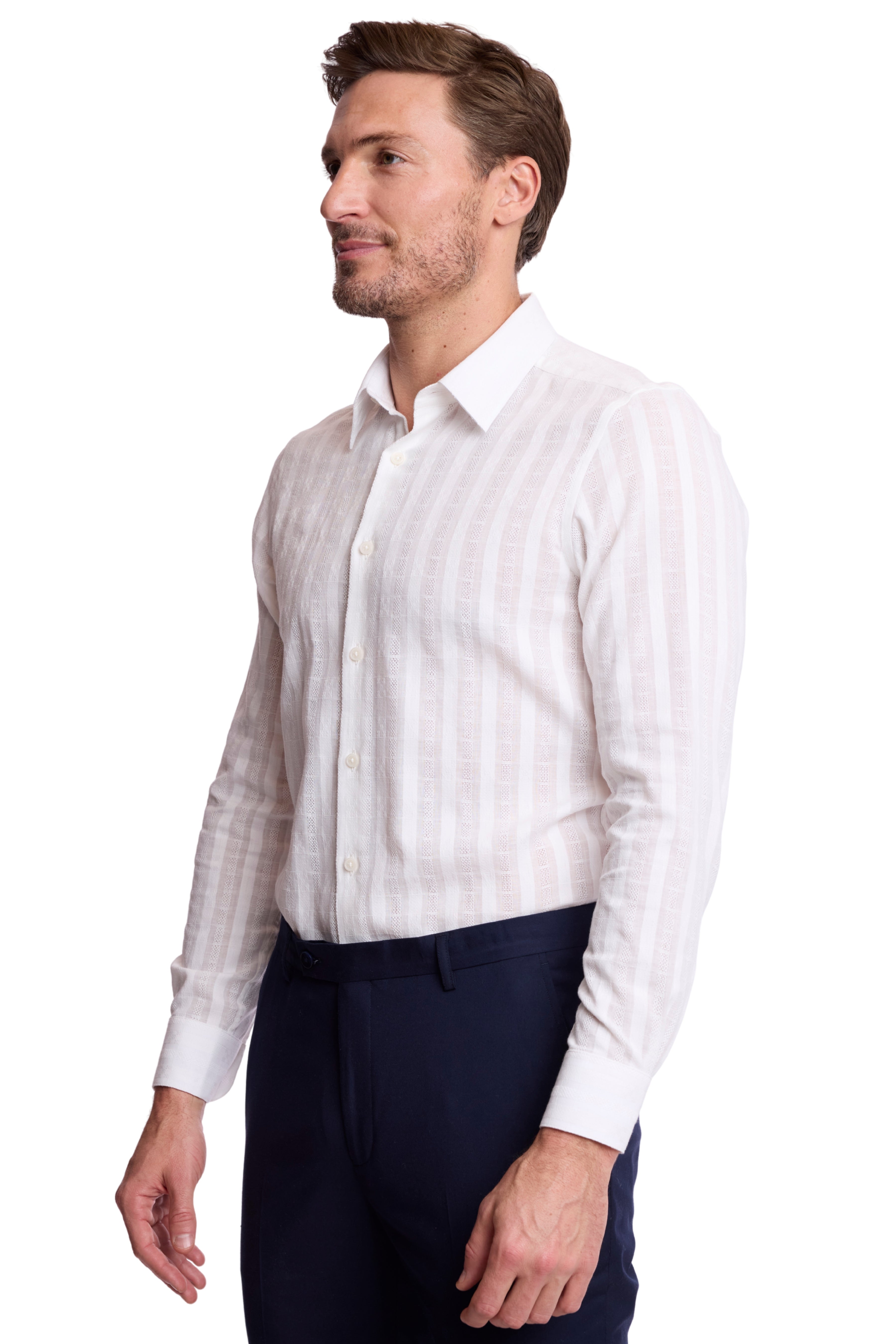 Parker Pointed Collar Shirt - White Dobby Stripes