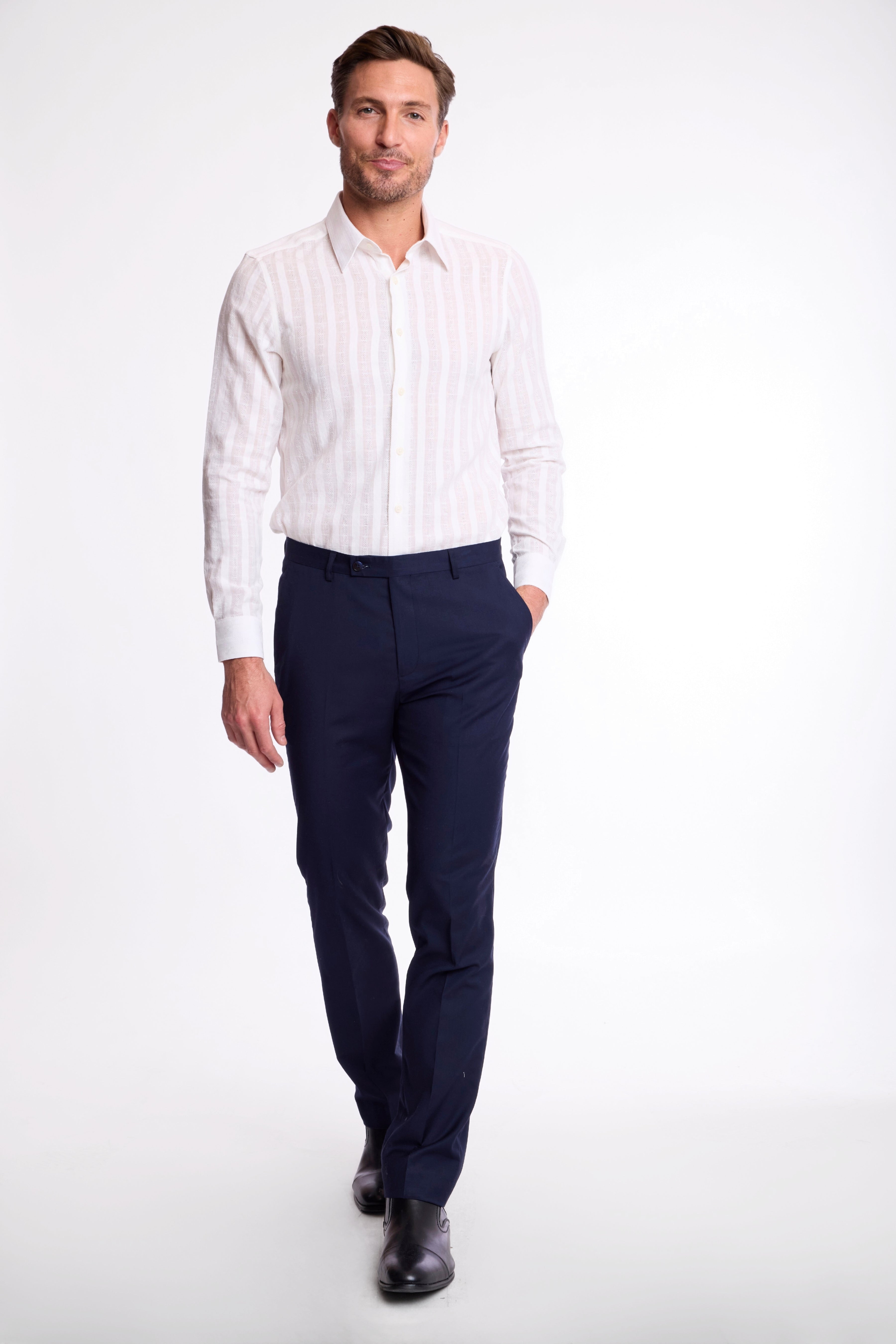 Parker Pointed Collar Shirt - White Dobby Stripes