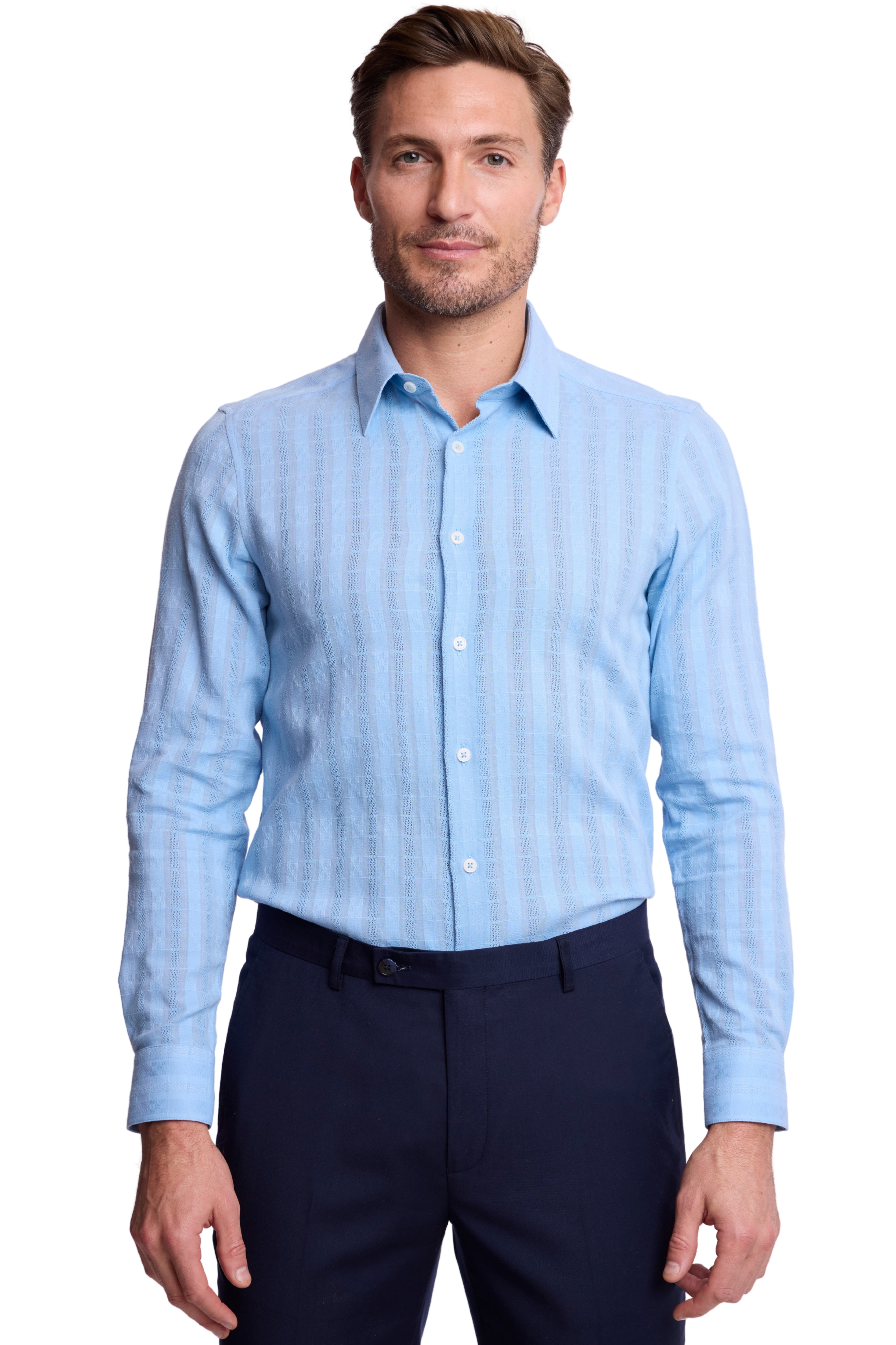 Parker Pointed Collar Shirt - Lt Blue Dobby Stripes