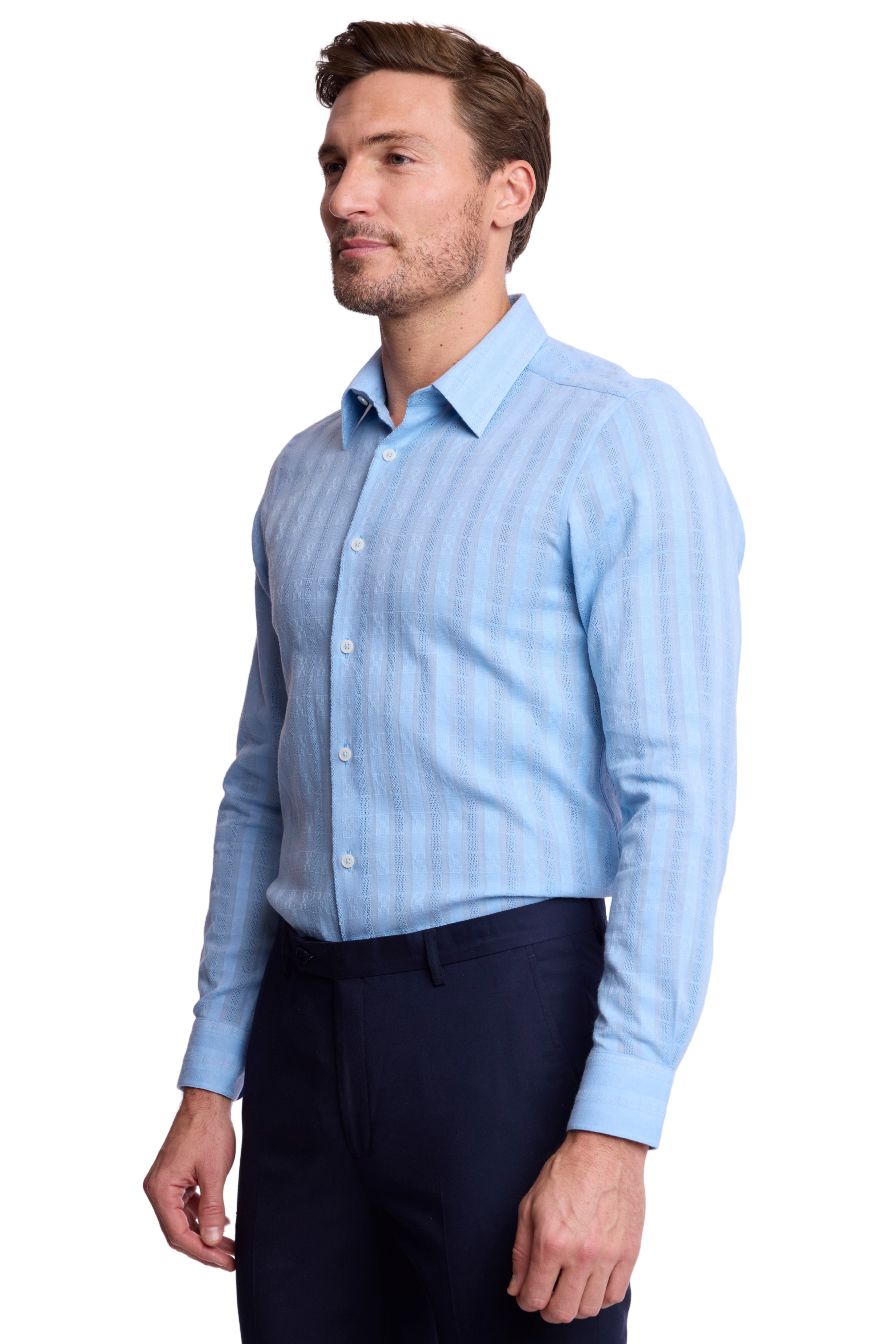 Parker Pointed Collar Shirt - Lt Blue Dobby Stripes