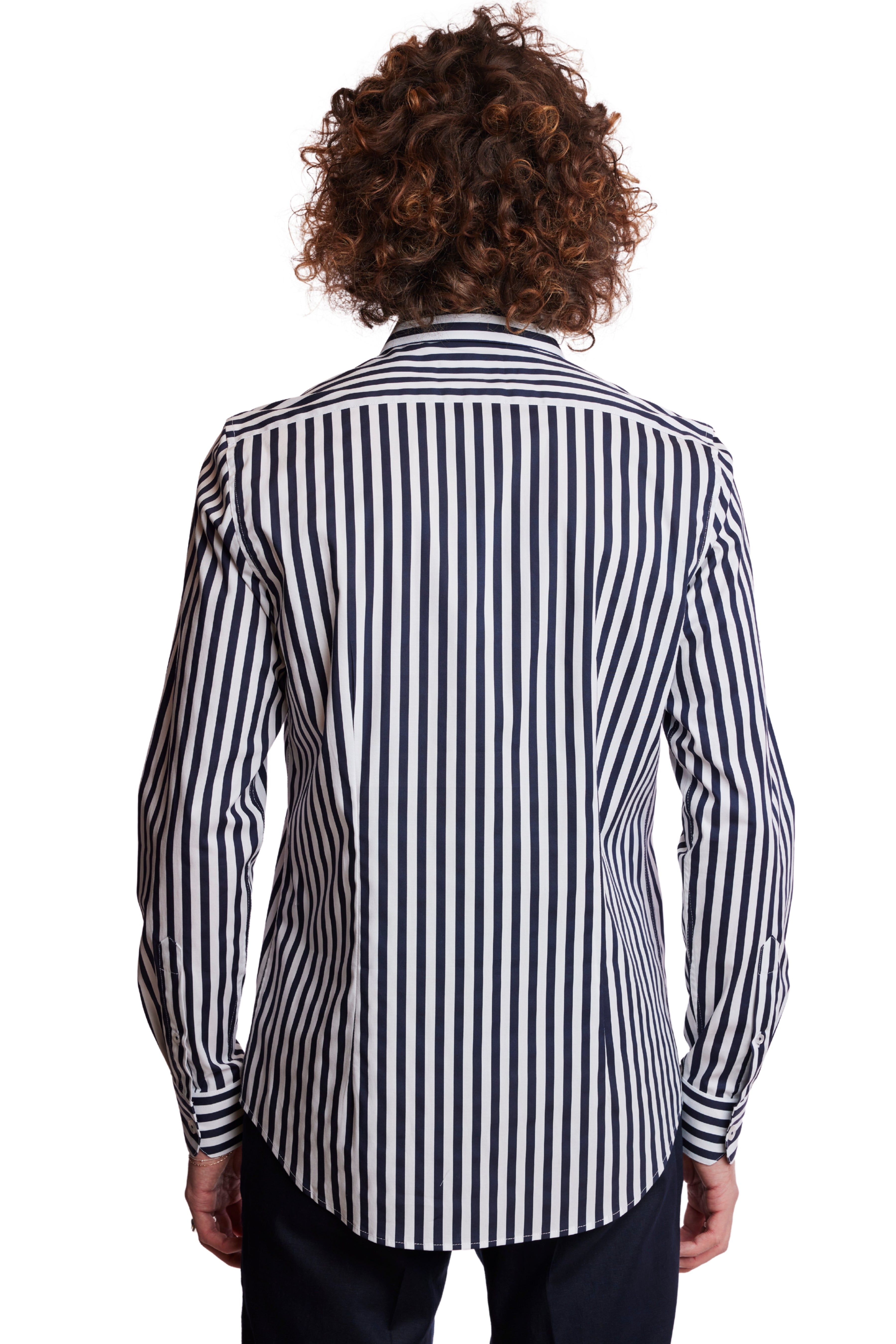 Samuel Spread Collar Shirt - Navy & White Wide Stripe