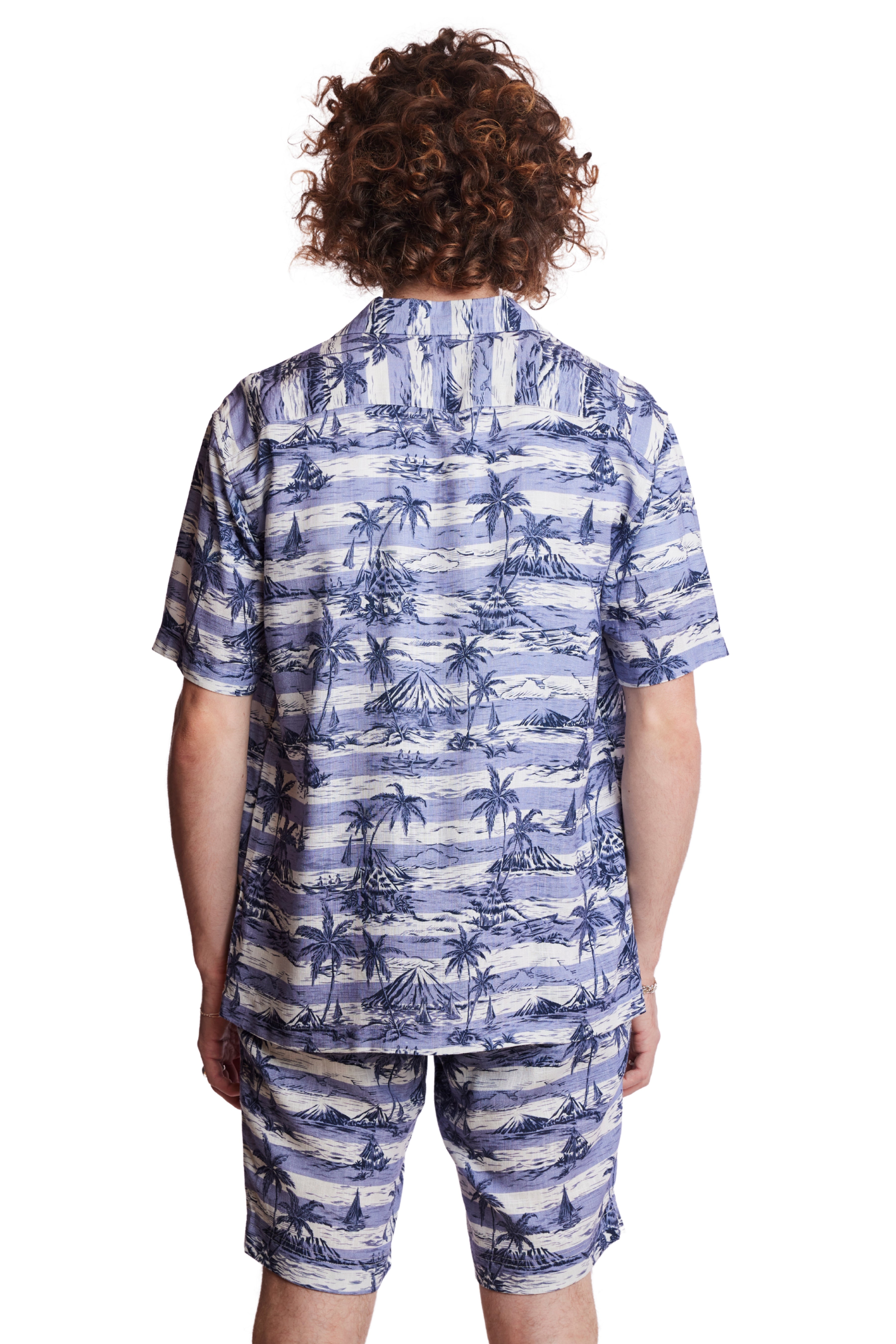 S/S Camp Collar Shirt - Indigo Palms Stripe