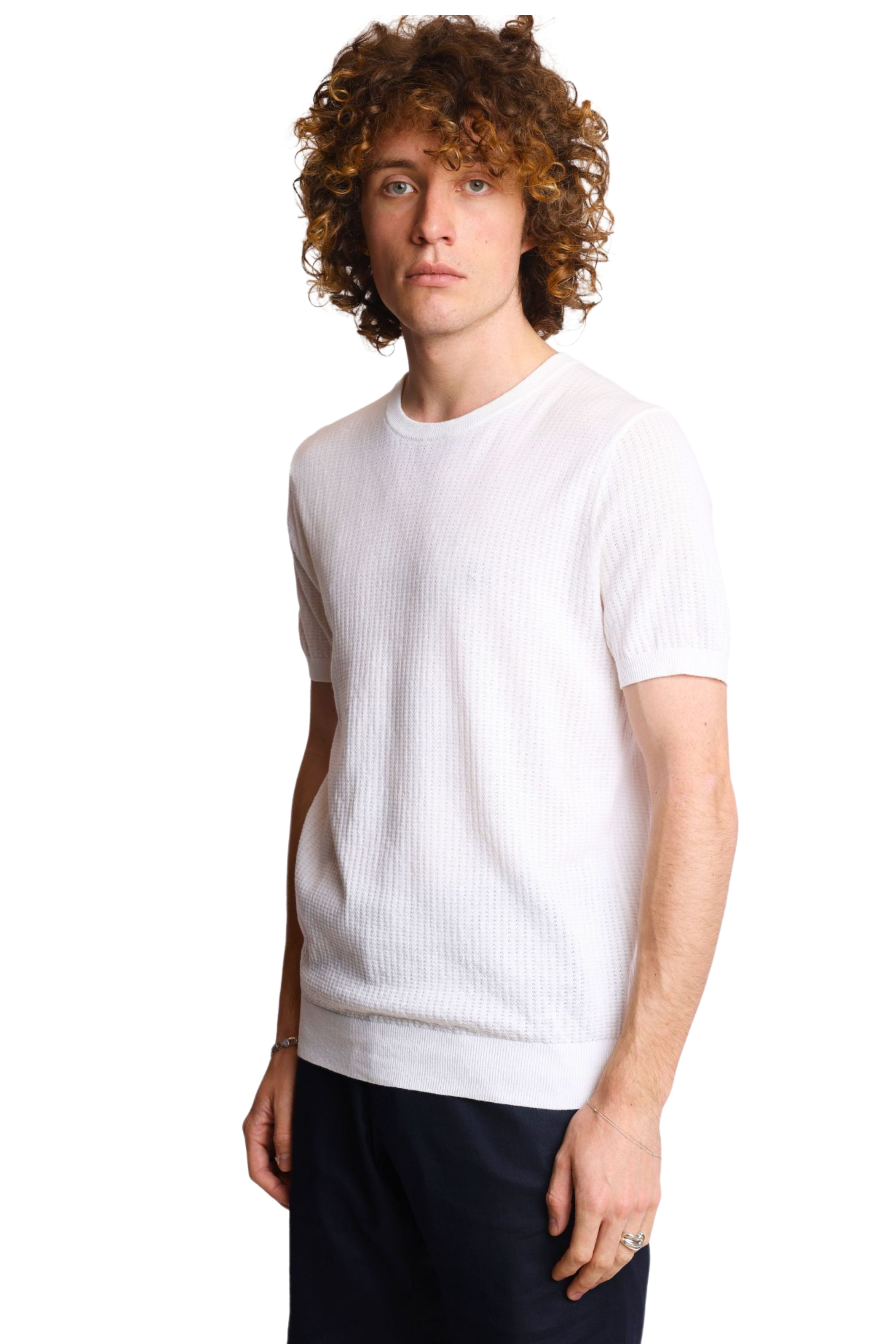 S/S Pointelle Crewneck - White