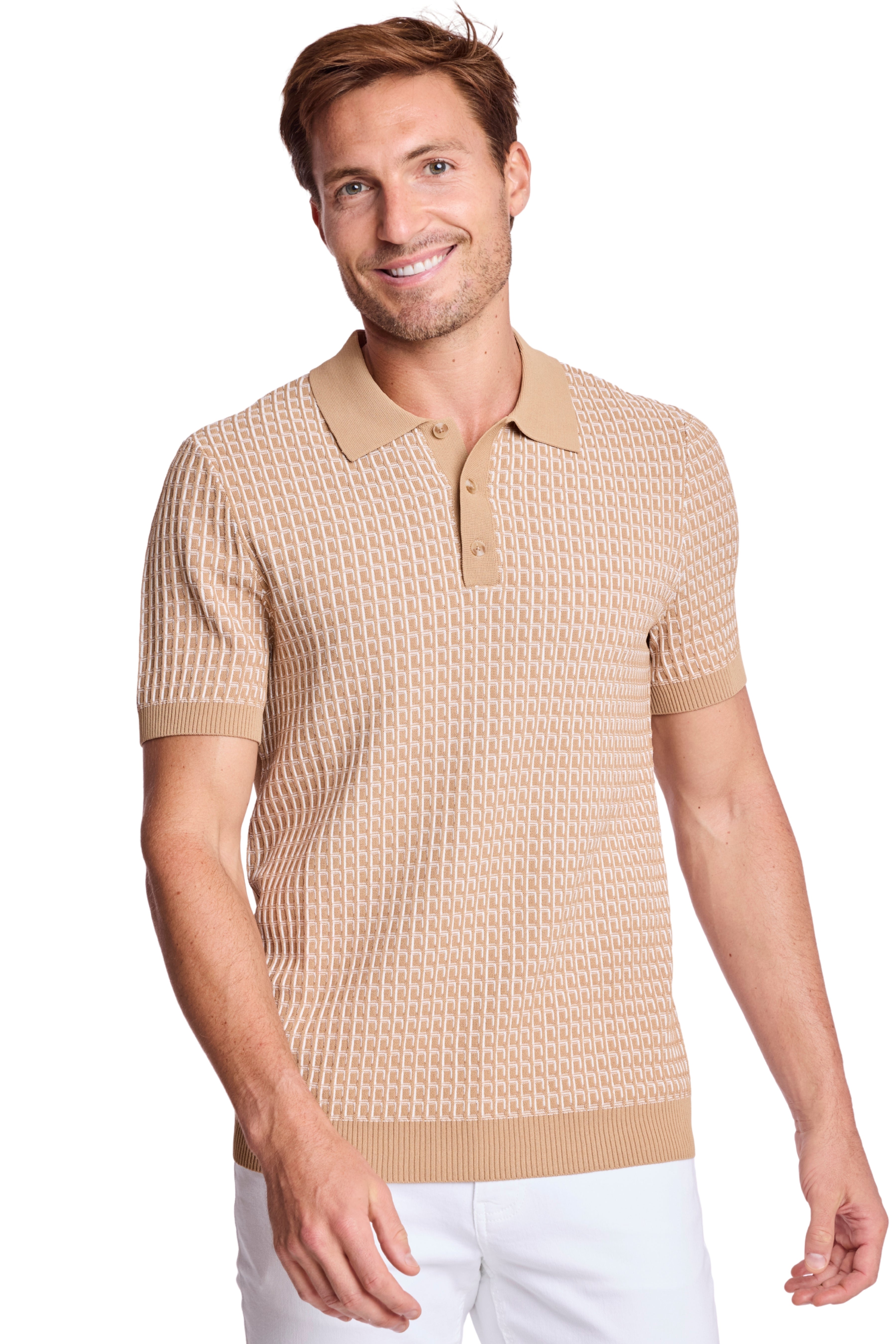 3 Button Polo - Tan & White