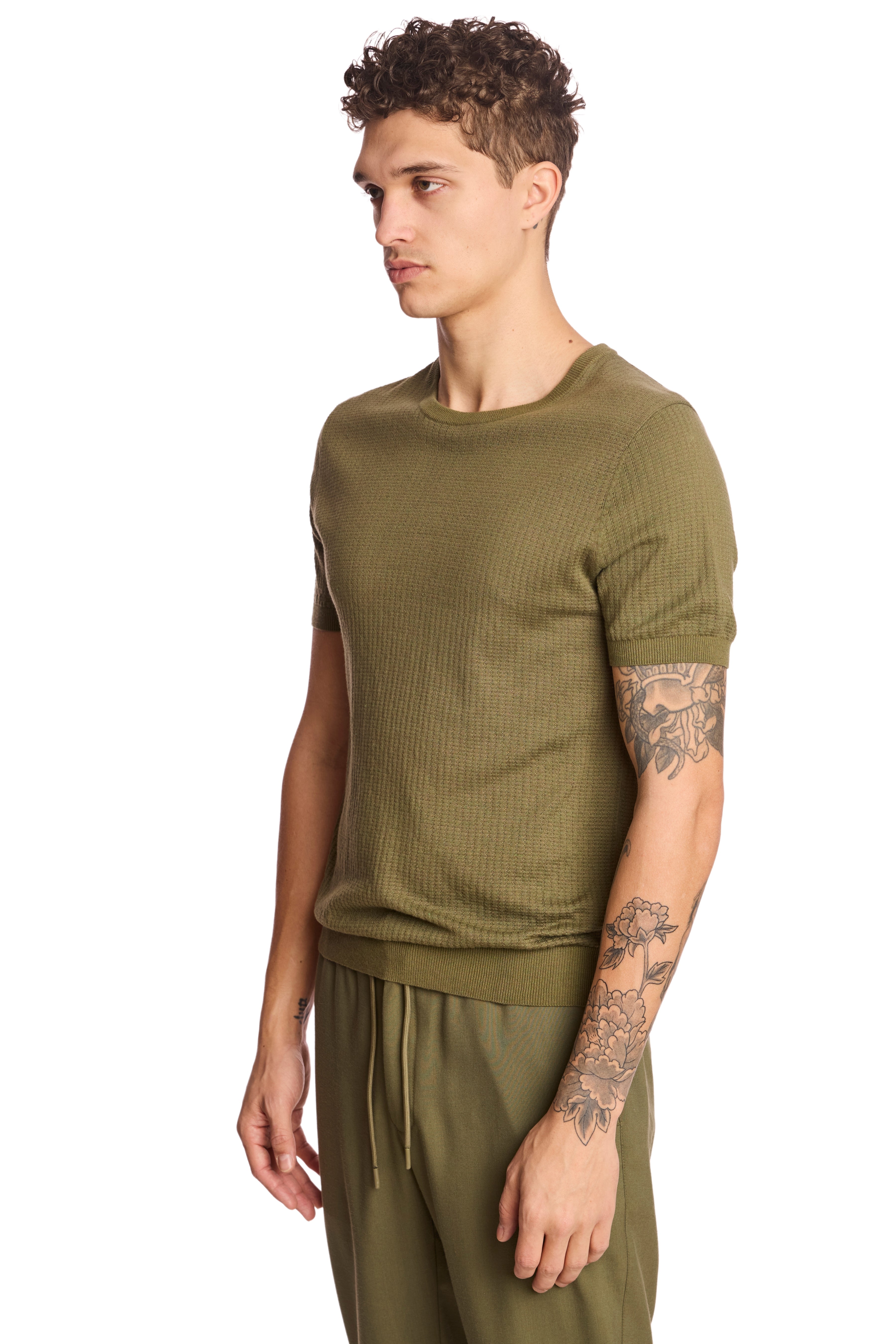 S/S Pointelle Crewneck - Olive