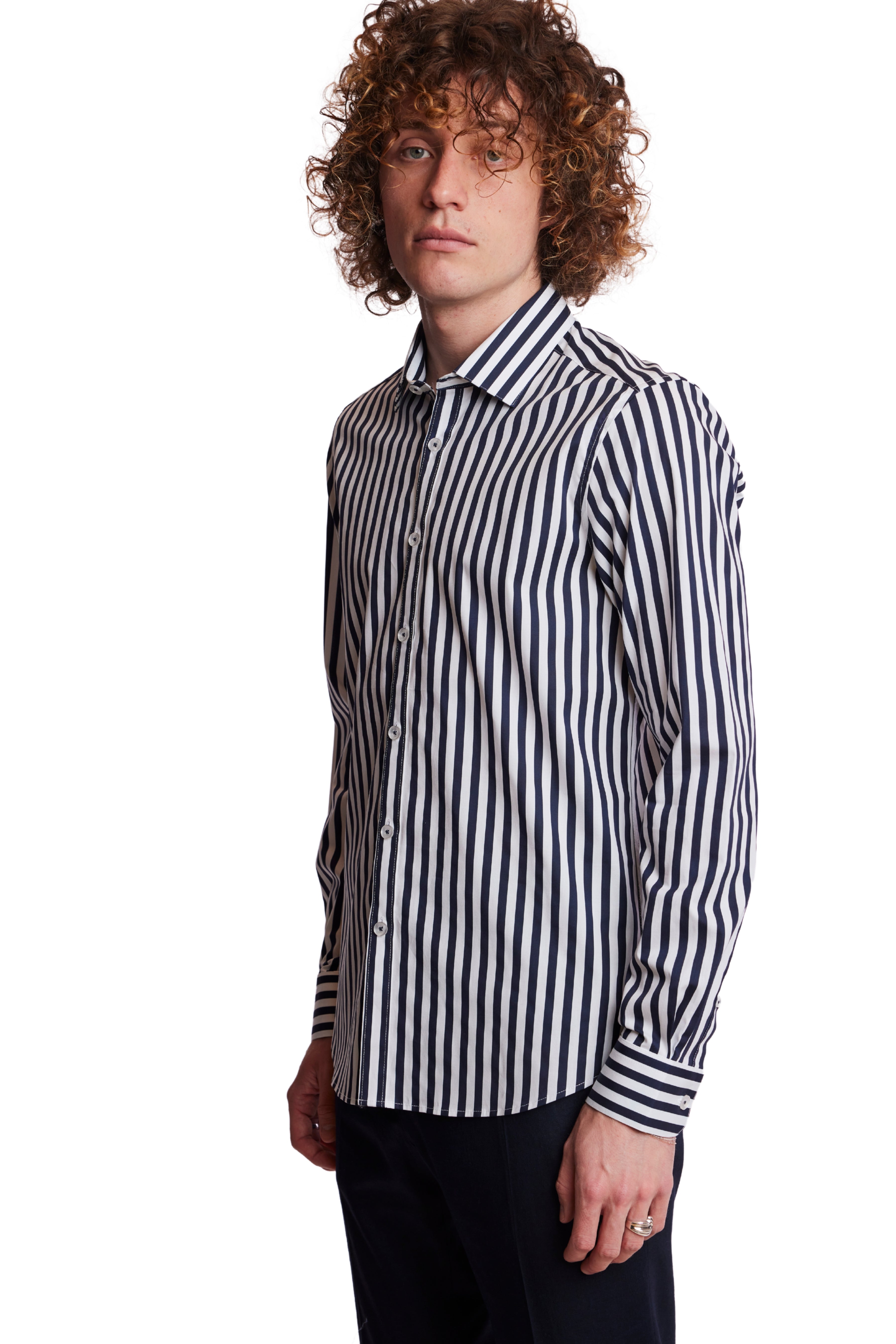 Samuel Spread Collar Shirt - Navy & White Wide Stripe