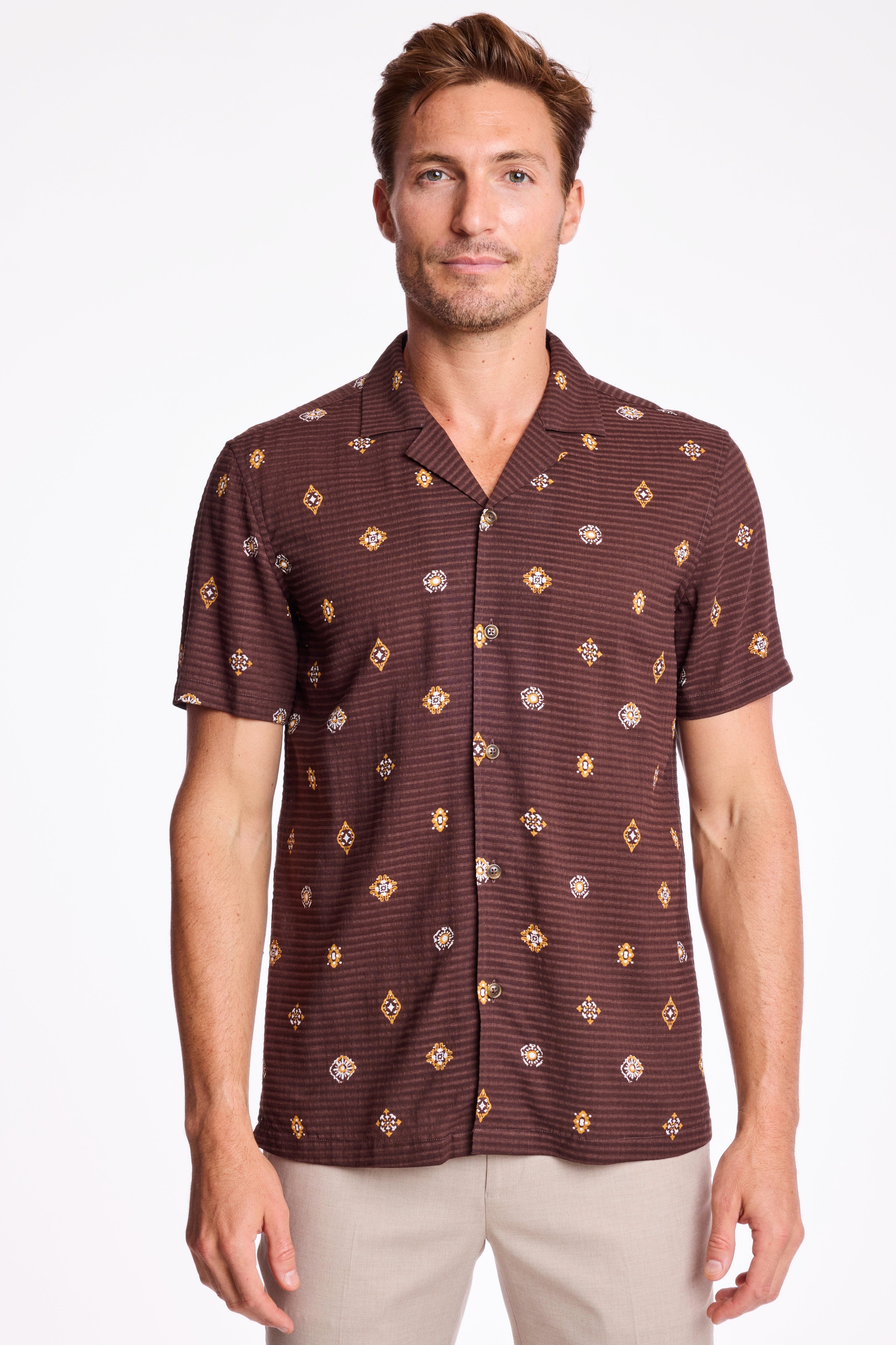 S/S Camp Collar Shirt - Golden Brown Seersucker