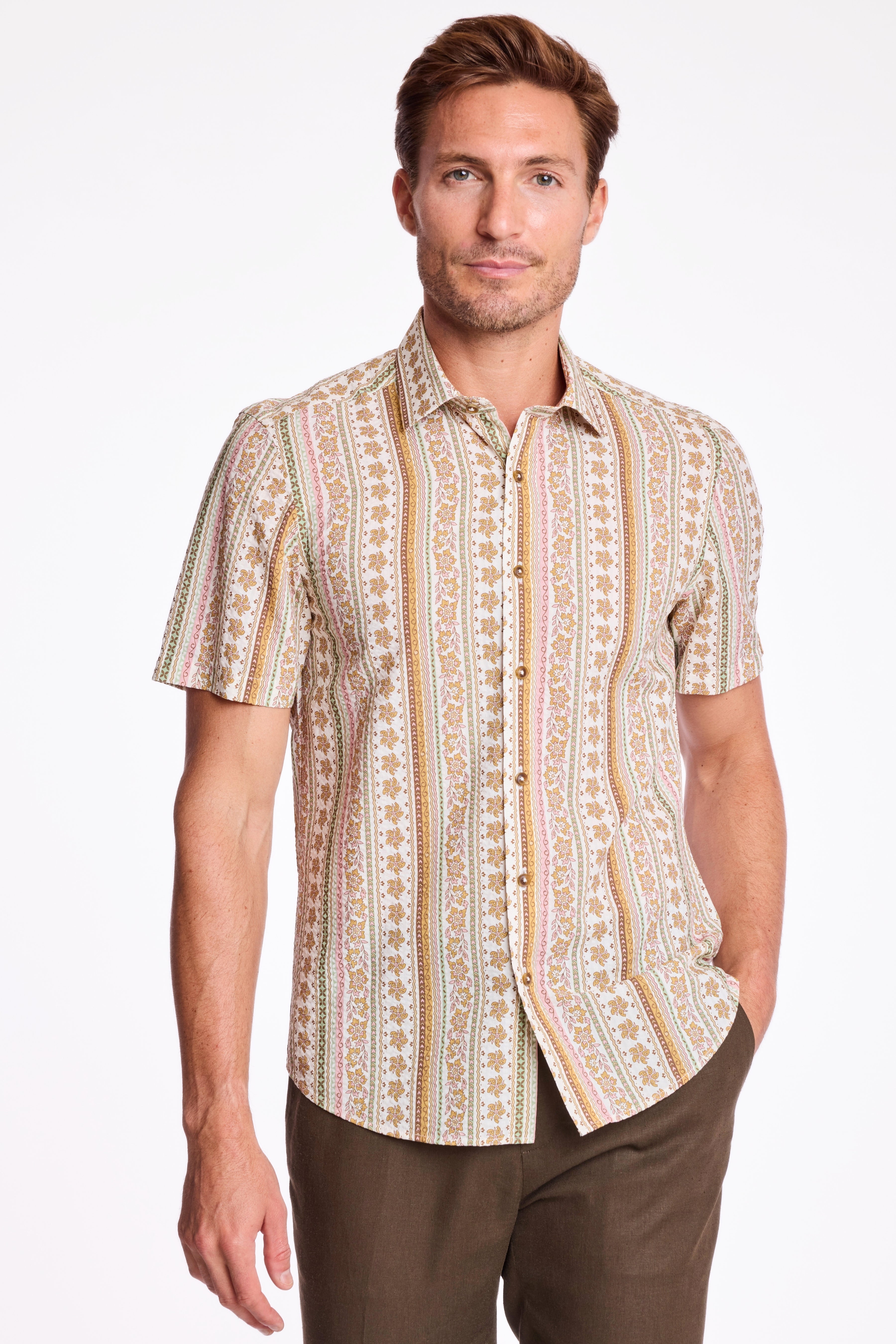 Sawyer Spread Collar Shirt - Pink Brown Floral Seersucker