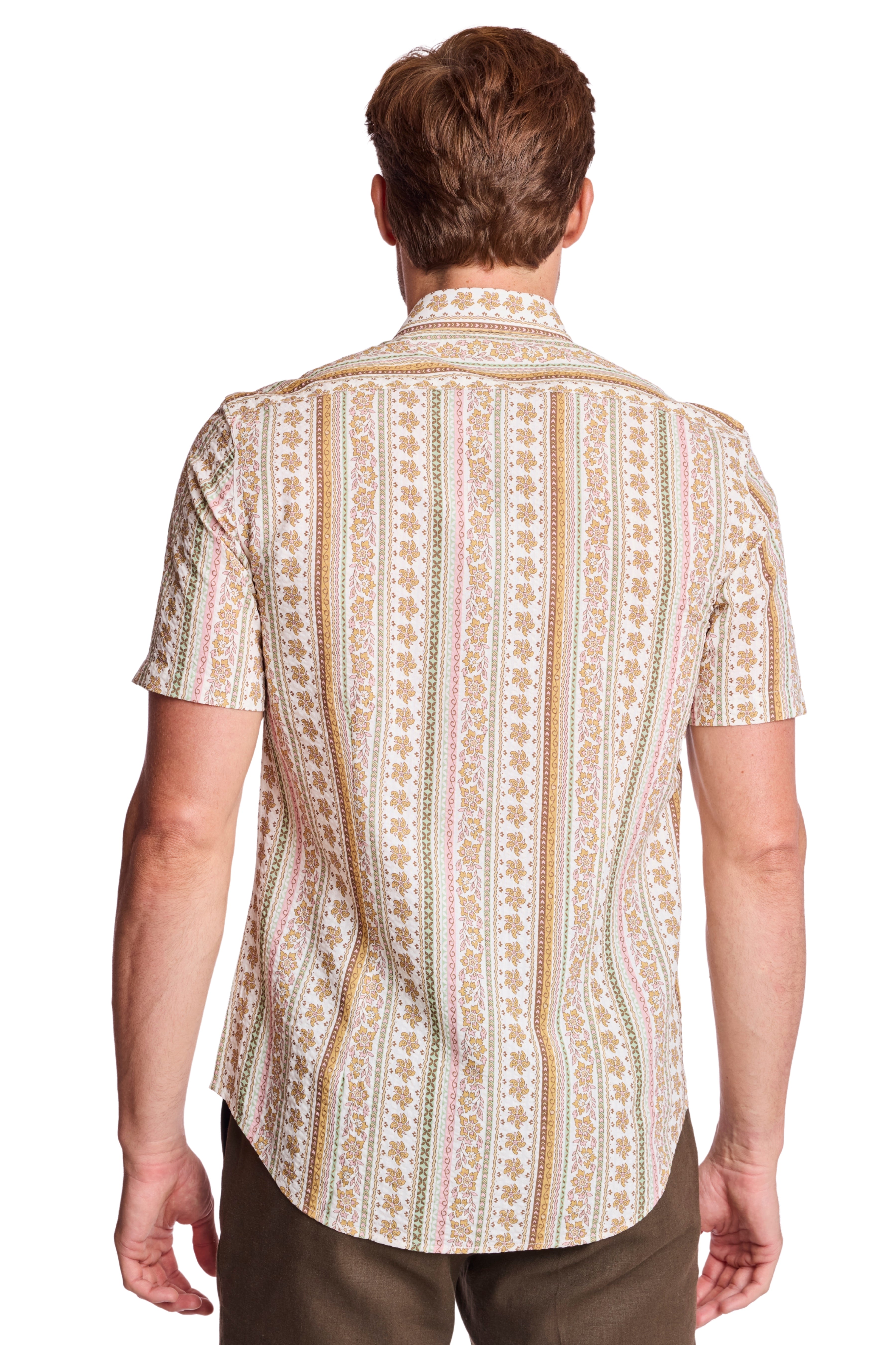 Sawyer Spread Collar Shirt - Pink Brown Floral Seersucker