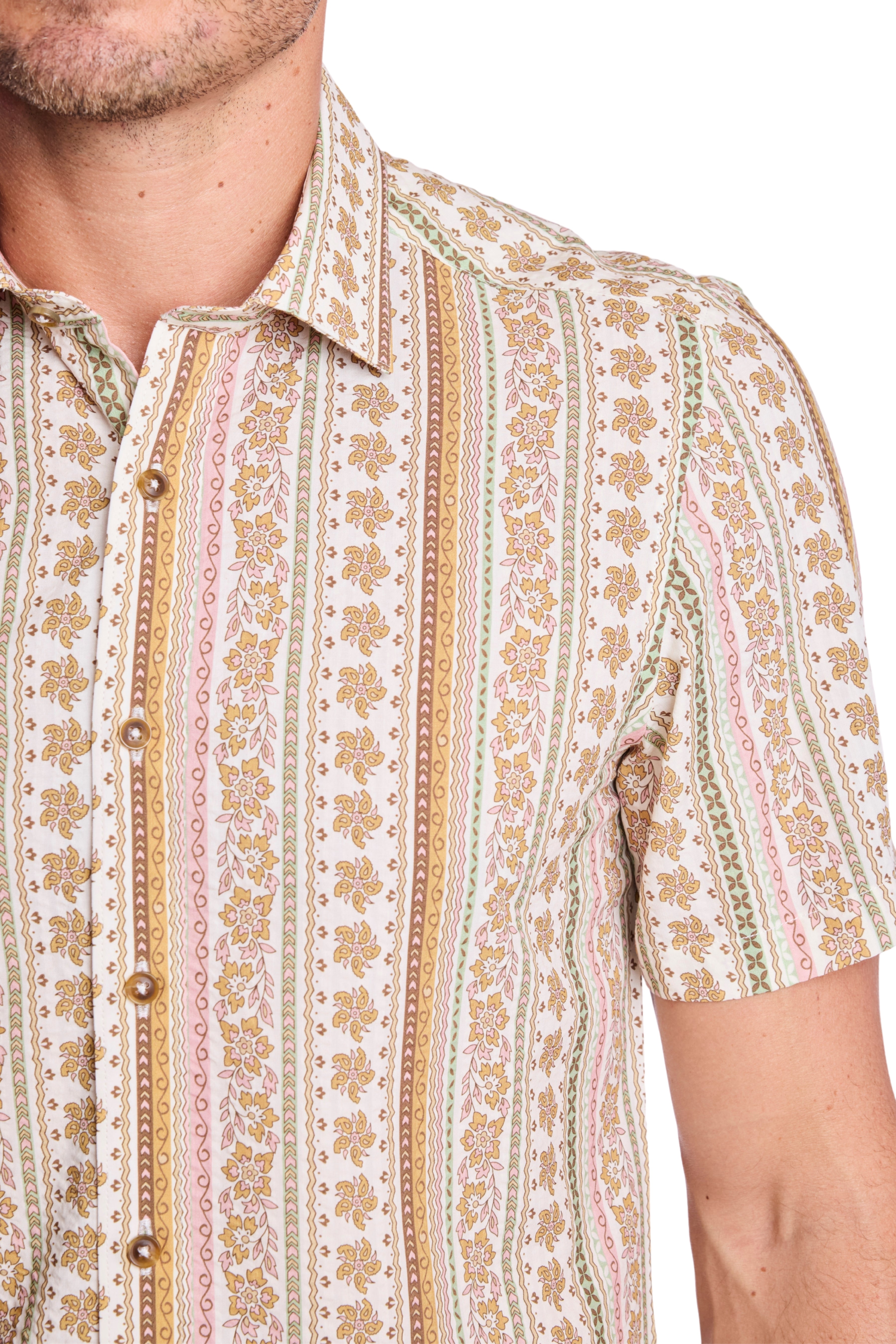 Sawyer Spread Collar Shirt - Pink Brown Floral Seersucker