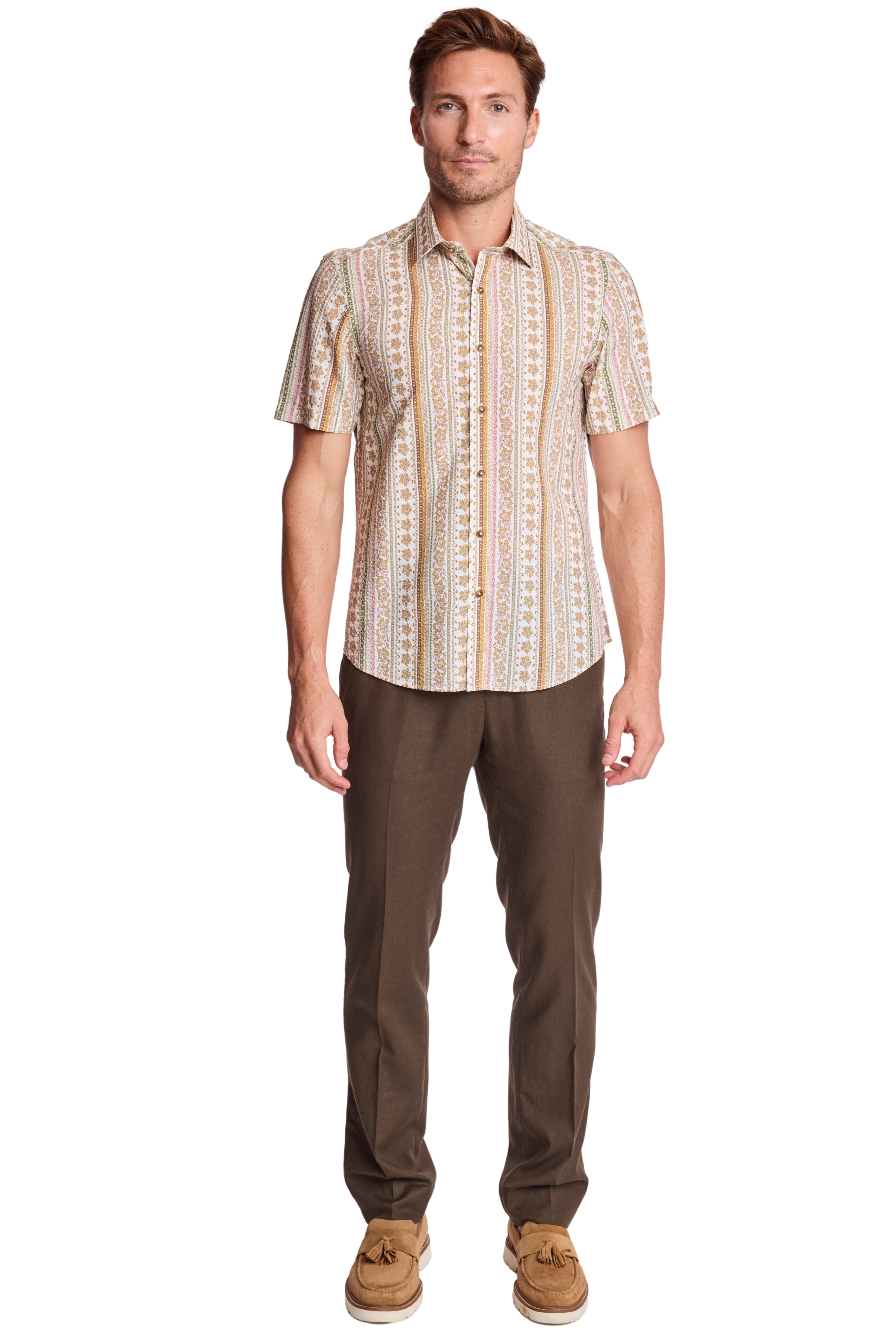 Sawyer Spread Collar Shirt - Pink Brown Floral Seersucker