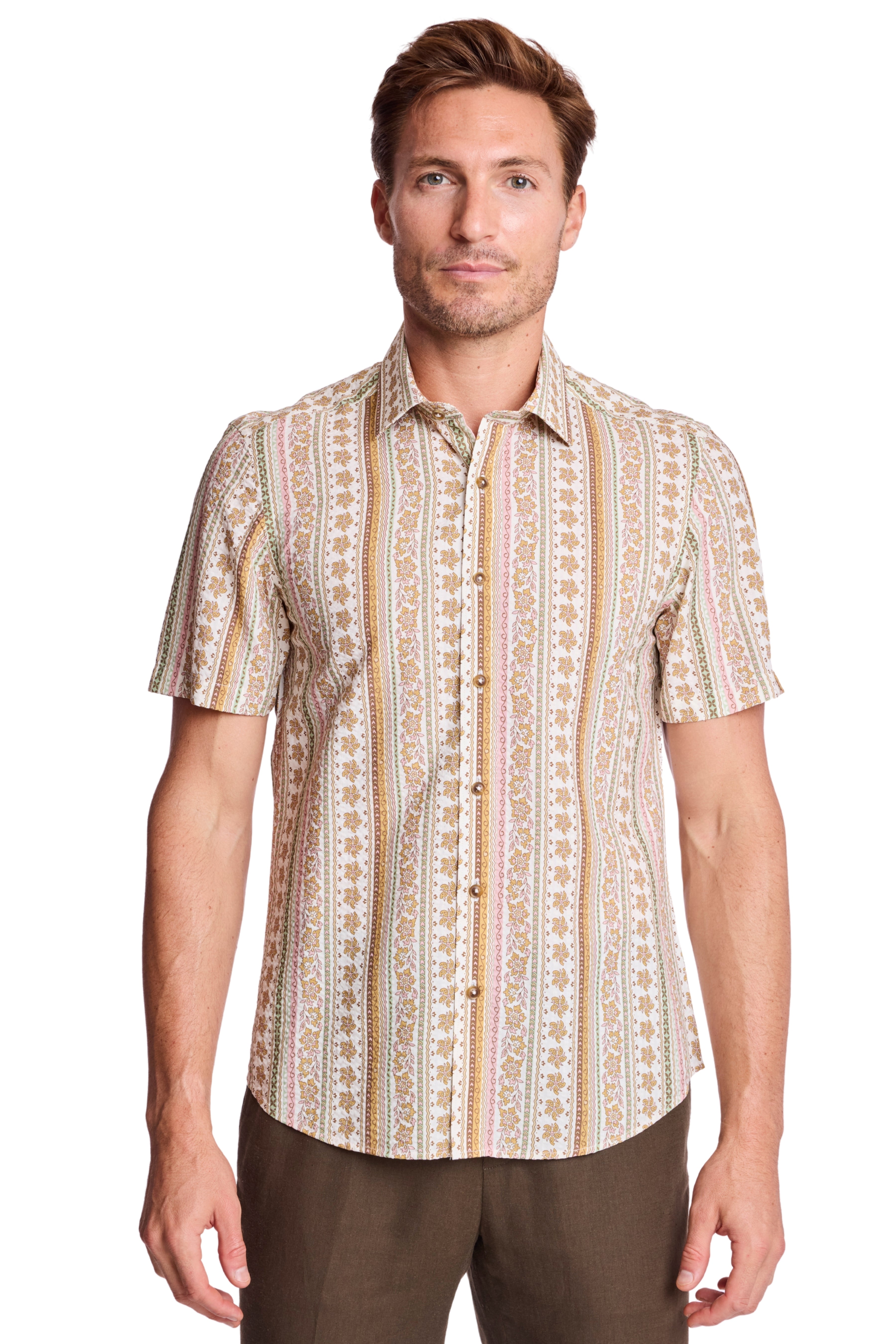 Sawyer Spread Collar Shirt - Pink Brown Floral Seersucker