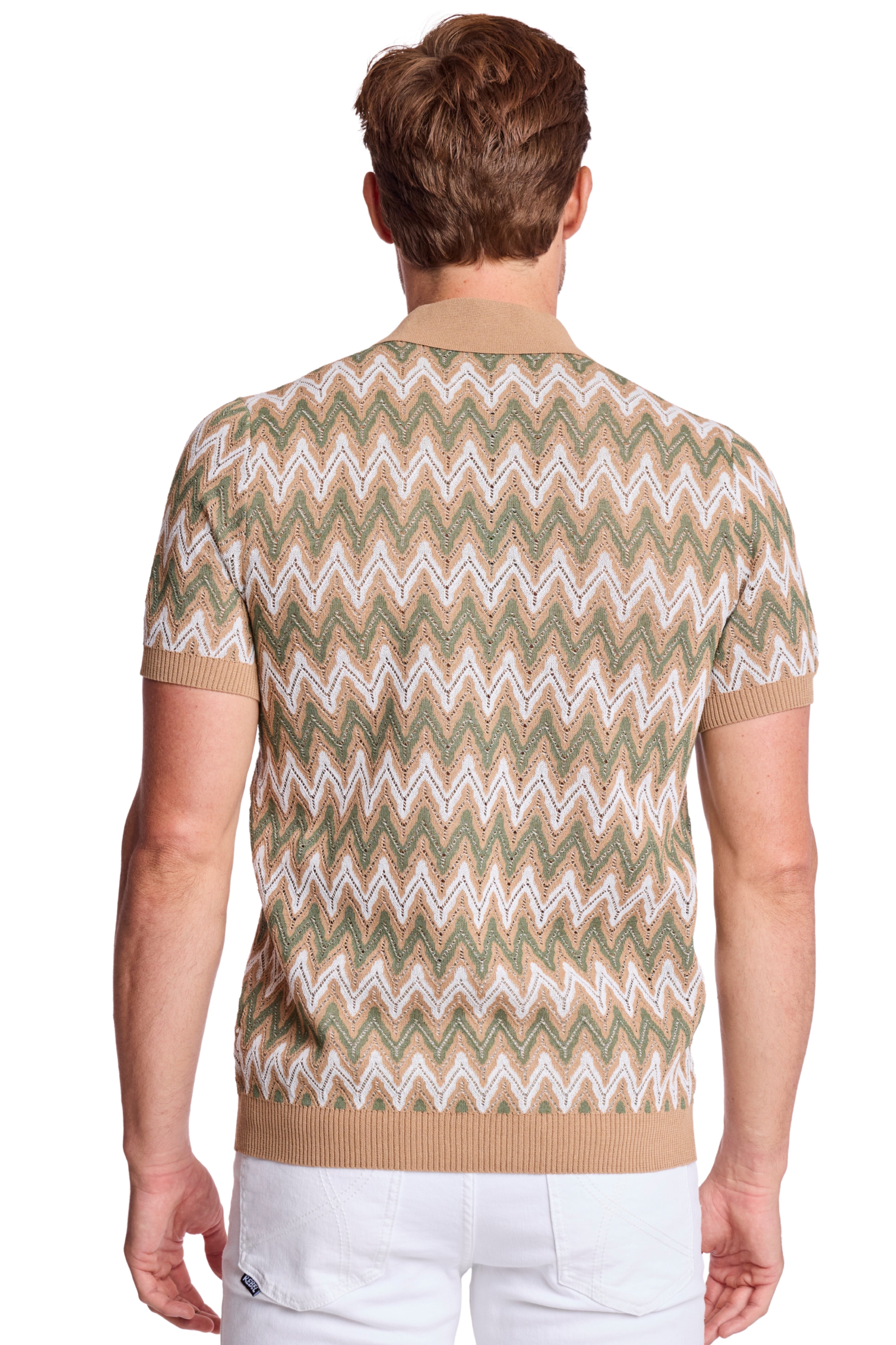 3 Button Polo - Tan Forest Zig Zag