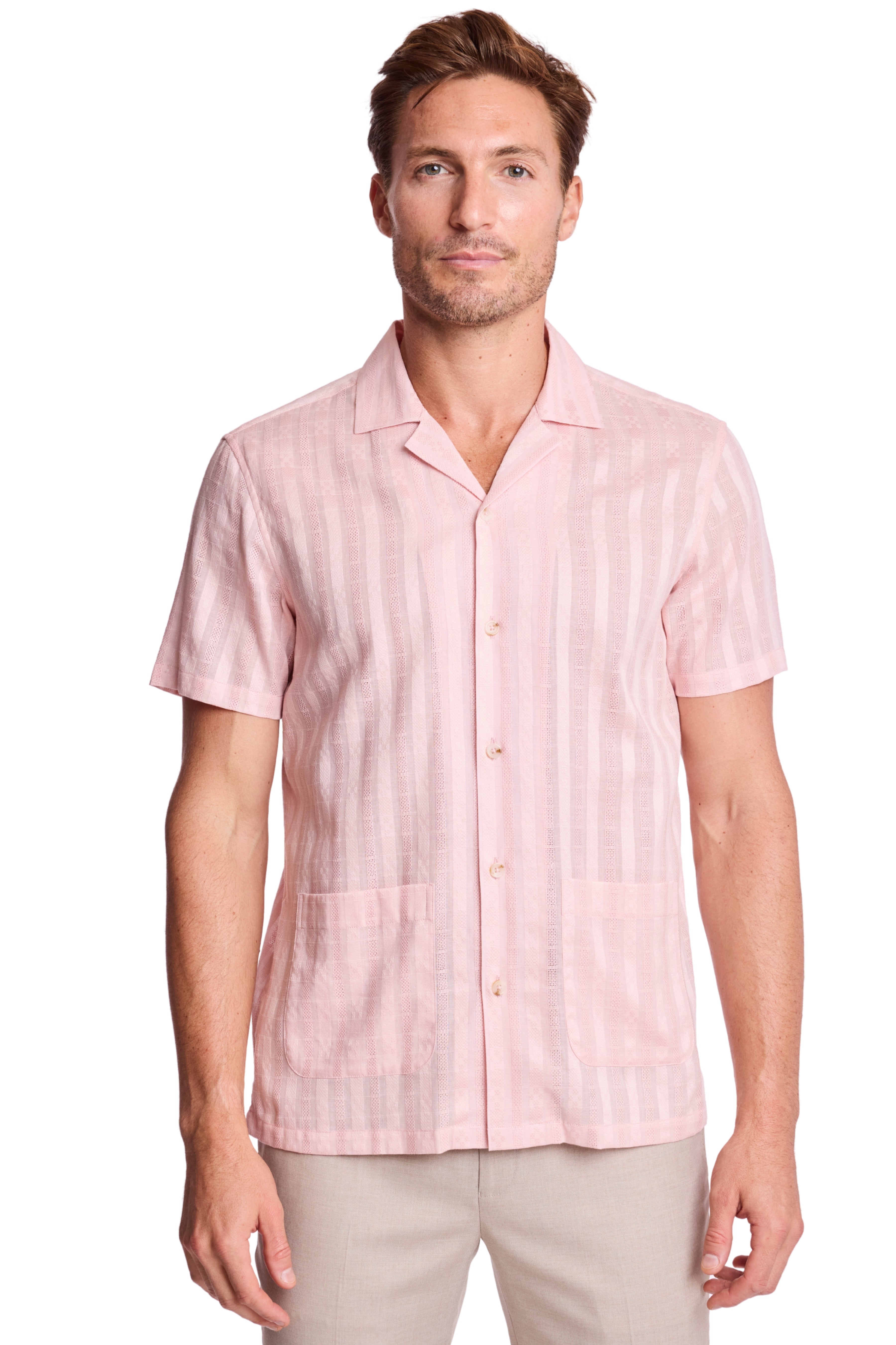 S/S Camp Collar 2 Pkt Shirt - Pink Dobby Stripes