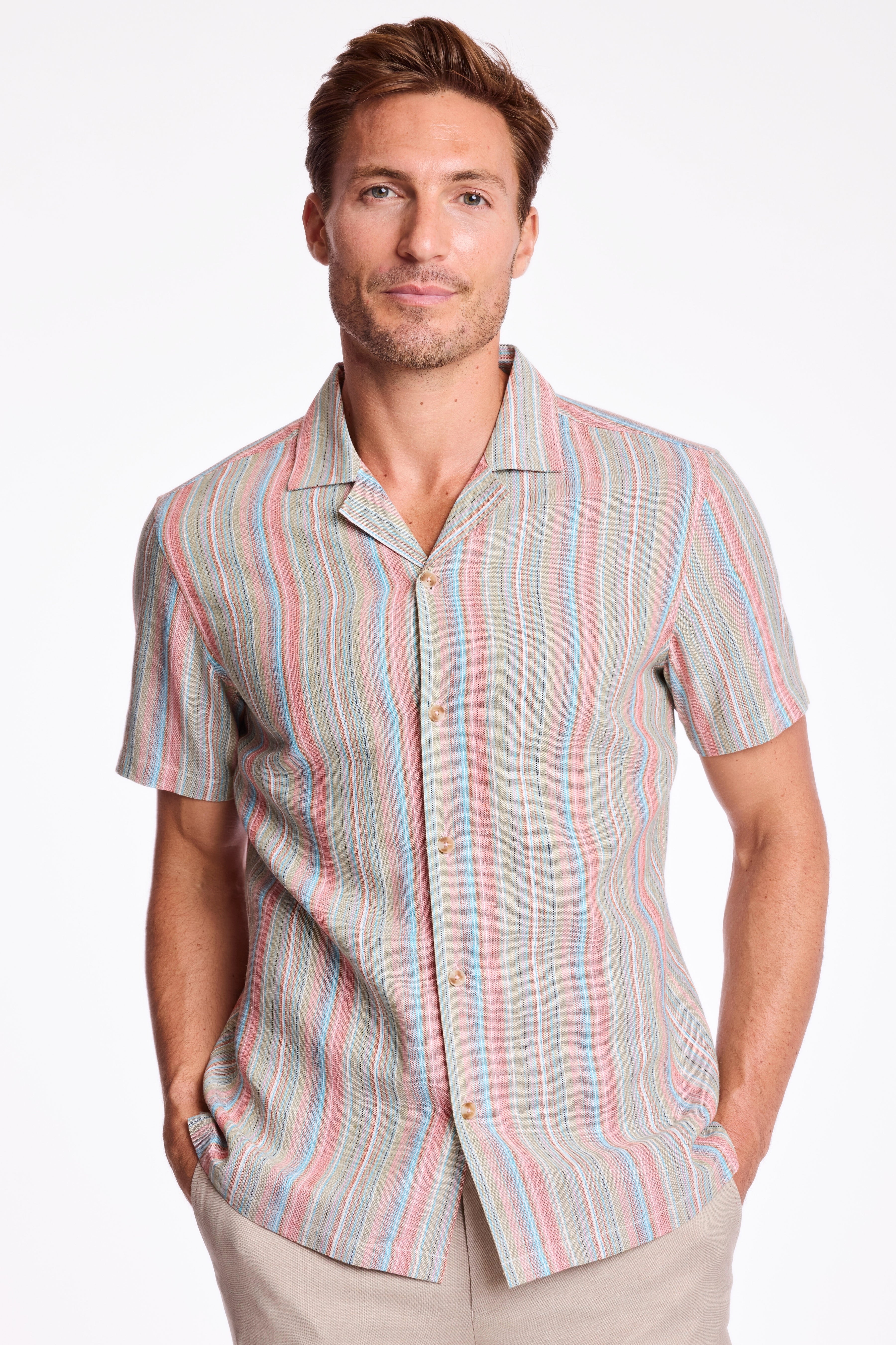 S/S Camp Collar Shirt - Ocean Coral Stripe