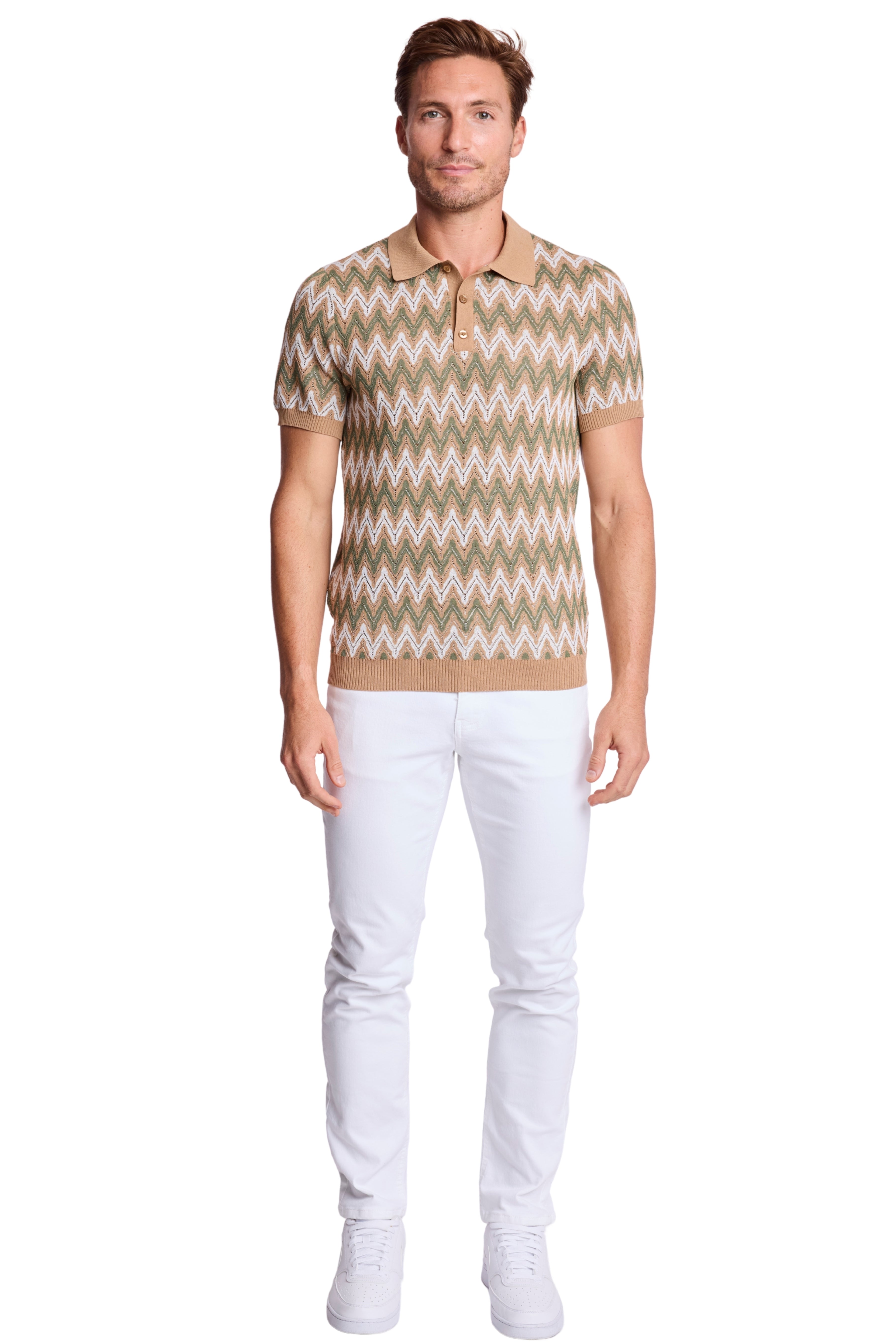 3 Button Polo - Tan Forest Zig Zag